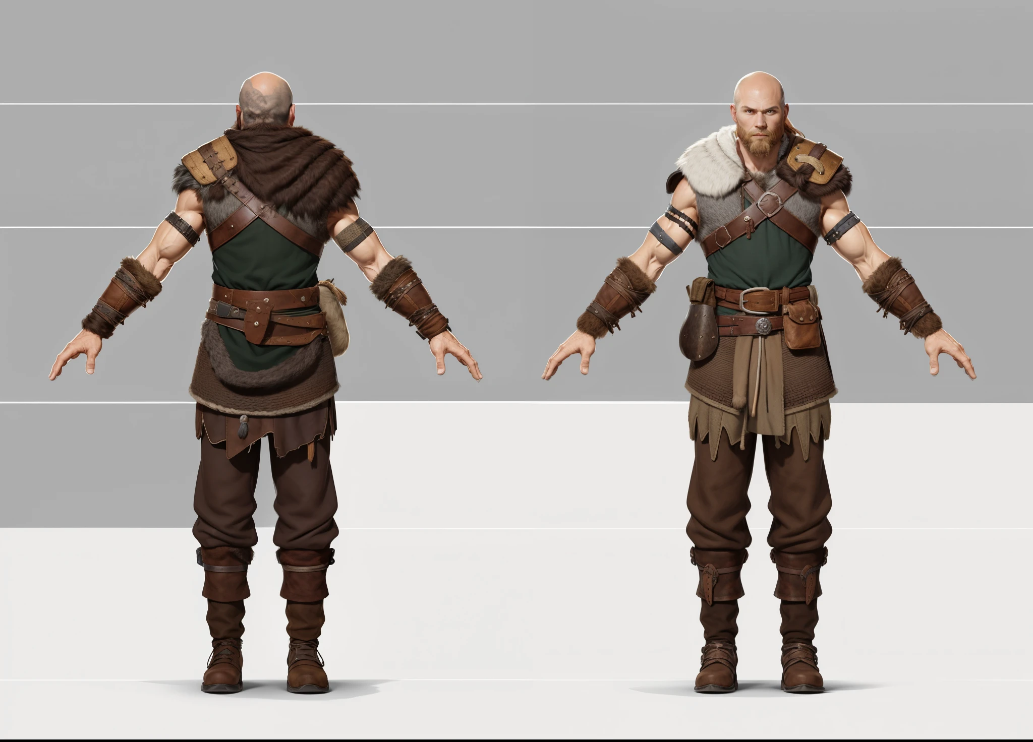 ( Realistic:1.33),(masterpiece:1.1),(highest quality:1.1),(HDR:1) a close up of a hunter villager with fur coat, medieval villager , wool cloth, full body concept, detailed full body concept, Viking ranger style, Viking protective, Portrait of a Viking, Viking warrior, Viking culture, Nordic warrior, Viking costume, Ancient Viking warrior, wearing Viking clothing, male Viking, with Machado, Nordic inspiration, Viking and barbarian aesthetics, full body character concept,costume concept design, full body details, detailed full body concept art, full character body, character model sheet turnaround, fullbody shot turnaround, concept character sheet, full body concept art, reference model sheet , full body concept art, RPG style character, game character design, 3d character reference sheet, video game character concept, detailed character design, character sheet, [ character model sheet turnaround ], front and back, ((front and back)), grey clean background, 3D character, leather belt, leather boots with rob, ((gambeson cloth)), leather belt on chest, (viking warrior), ((barbarian)),(((wide chest)), leather shoulder armor, (gambeson loincloth), ragged loincloth,((Woolen Drawstring Pouch on belt))