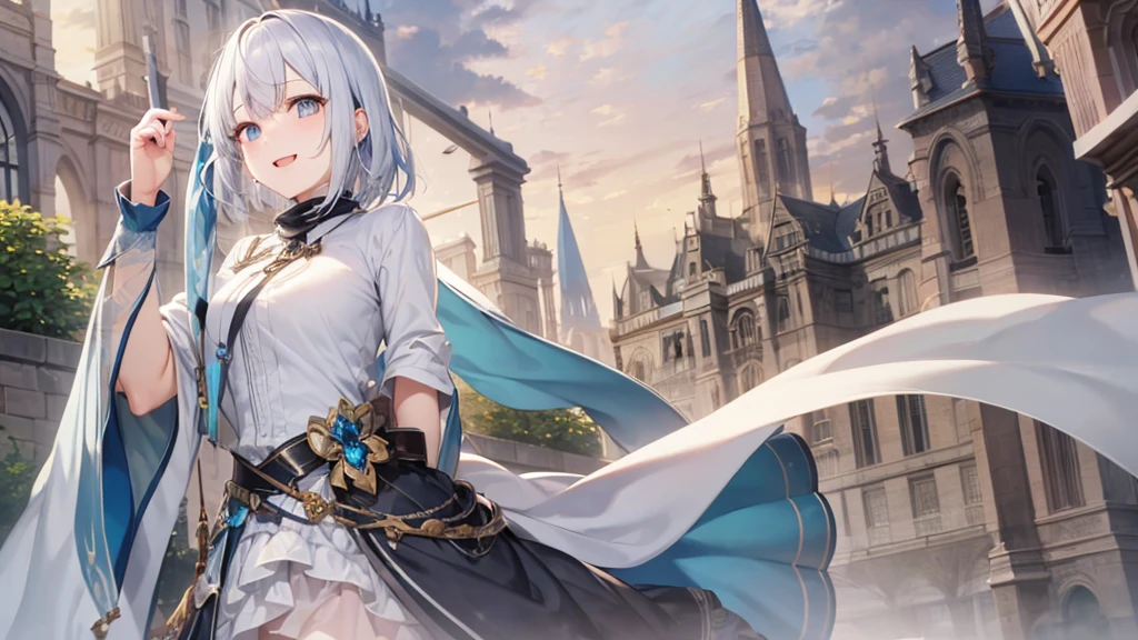 Her eyes were shining、Mysterious and enchanting atmosphere。With AI Painting、とてもShort Hair, Long bangs between the eyes, Grey Eyes , Very detailed,(masterpiece、Highest quality)、alone、Gray Hair、Fantasy, Silver Hair, Beautiful Eyes,Ecstasy, charm, attract the audience, Fantasyな風景、White shirt、smile、Open your mouth、Scarf、short hair、Short Hair、hairpin、Dark Eyes、Anime Eyes、Beautiful eyes、Eyes written in detail