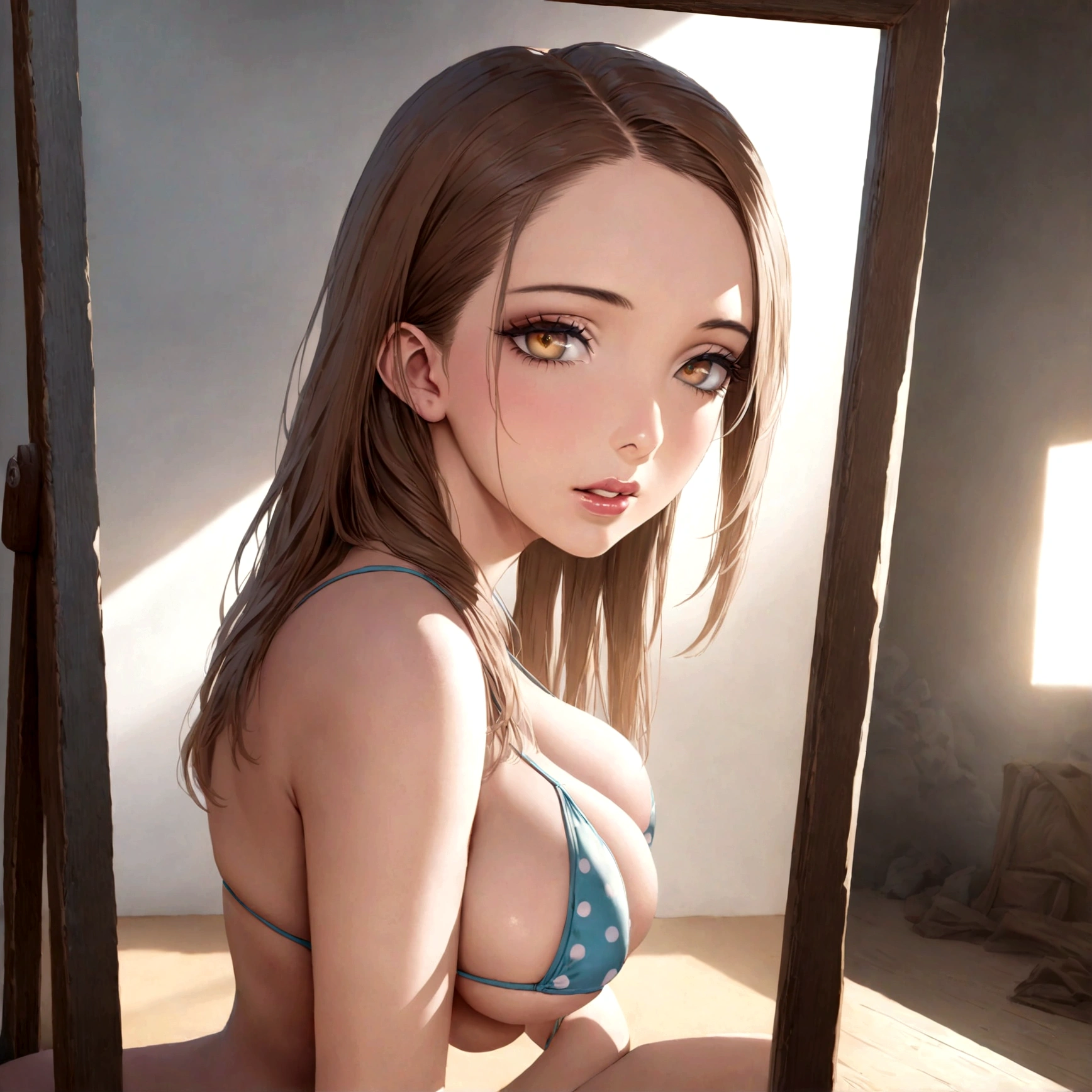 a lovely woman, polka dot string bikini, sheer silks billowing, glamorous poses, on the beach, beautiful detailed eyes, beautiful detailed lips, extremely detailed eyes and face, long eyelashes, realistic, photorealistic, photo-realistic:1.37, best quality, 8k, highres, masterpiece:1.2, ultra-detailed, HDR, UHD, studio lighting, ultra-fine painting, sharp focus, physically-based rendering, extreme detail description, professional, vivid colors, bokeh, portrait, photography, warm color tones, natural lighting ?(show her from head to toe, full body shown, show all of her)