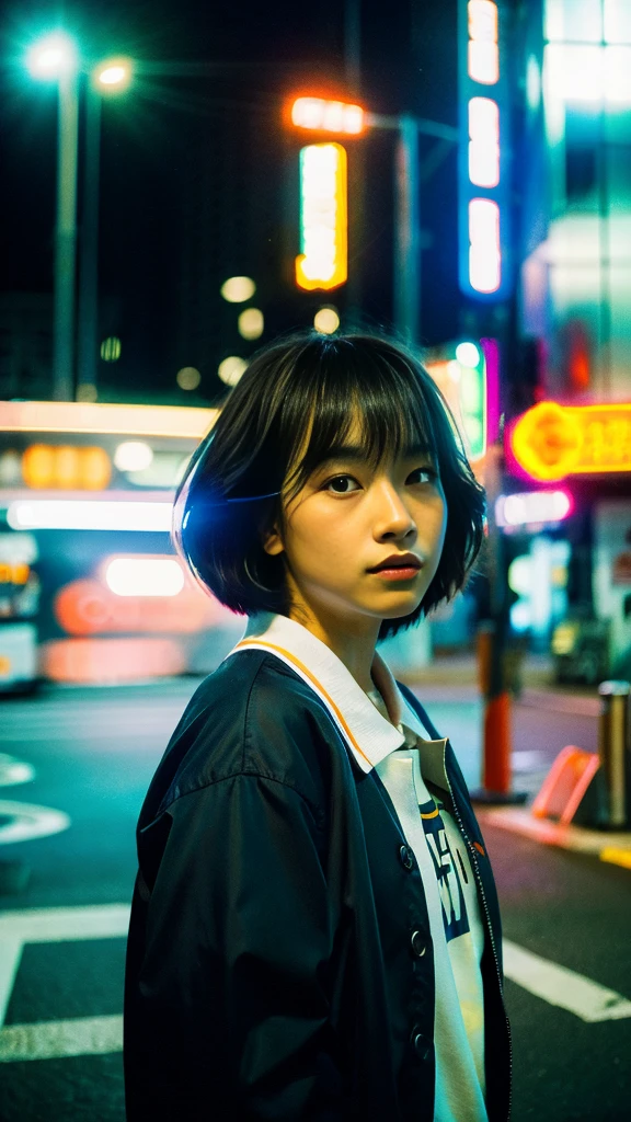 Masterpiece, (best quality:1.4), ultra high res, master photography, professional color grading, depth of fields, rule of third, 50mm, film grain, (photorealistic:1.4), cinematic lighting, chromatic abberation, 1girl, short hair, wearing coach jacket, streetwear, hypebeast, detailed face, detailed eyes, flat chest, looking at viewer, front view, cowboy shot, Hong Kong street background, night, city light, blurry background, sfw