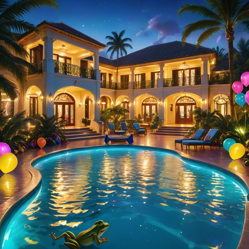 A tropical beach party, ornate opulent mansion, (("baby_the_frog”)), wealthy socialite, swimming pool, palm trees, colorful neon lights, lavish furniture, champagne glasses, glitter, balloons, dancing, disco ball, mood lighting, luxurious, photorealistic, 8k, best quality, highly detailed, cinematic, dramatic lighting