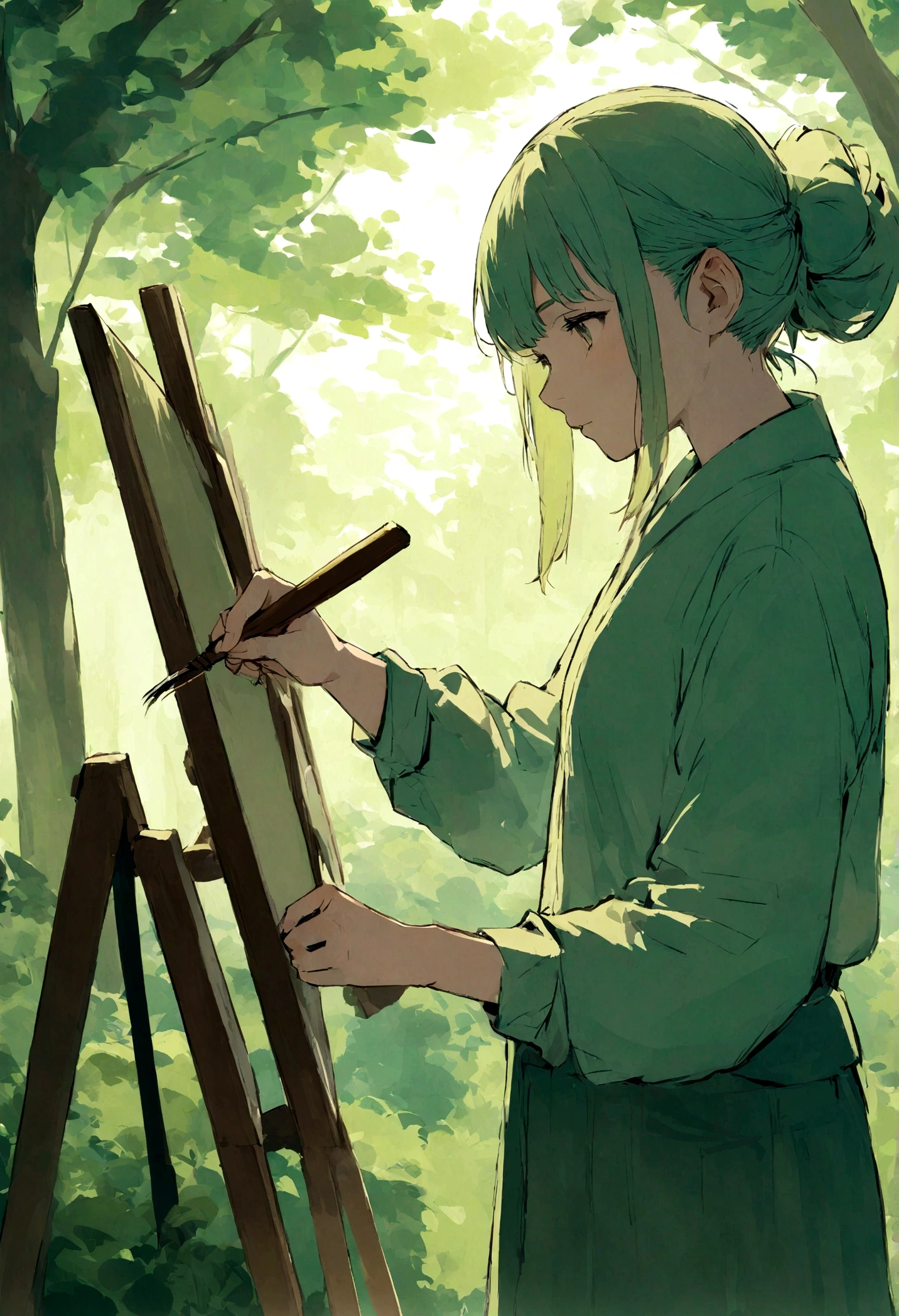 A creative canine artist thoughtfully brushing strokes on a canvas set in a tranquil woodland.