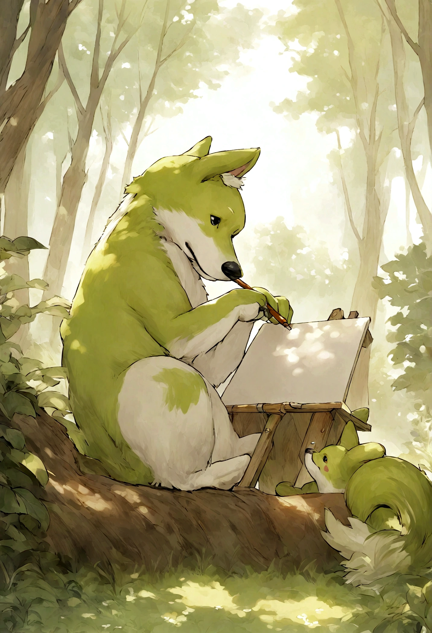 A creative canine artist thoughtfully brushing strokes on a canvas set in a tranquil woodland.