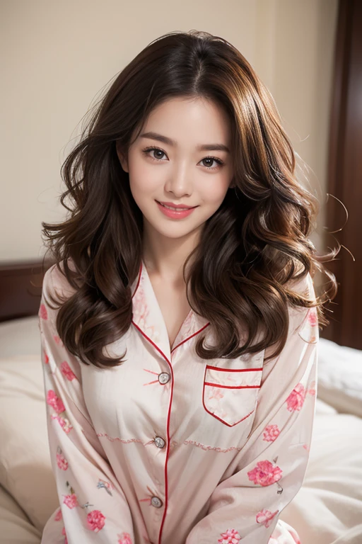 highest quality、4K、Perfect Face、Perfect Style、Sunburn、beautiful、pajamas、Mature、soft curly brown long hair、Swept-back hair、full body, pierce、in bedroom、giddy-smile、natural make up、she just get up