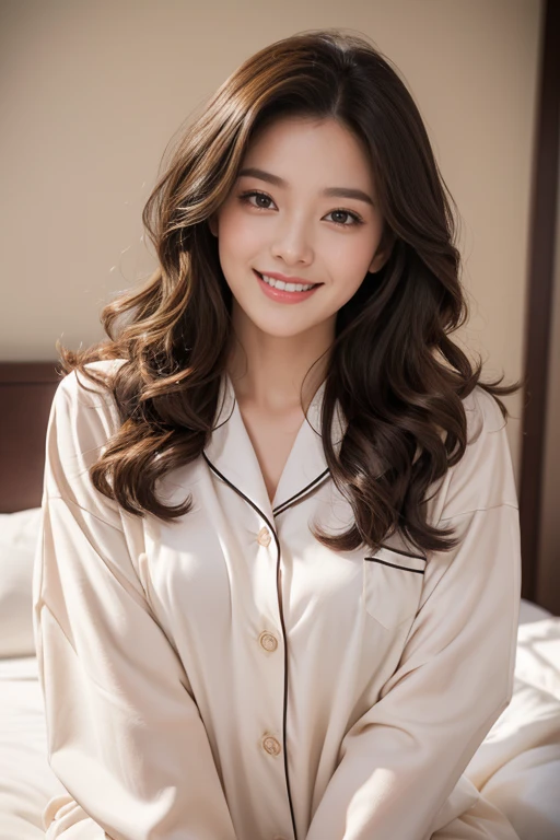 highest quality、4K、Perfect Face、Perfect Style、Sunburn、beautiful、pajamas、Mature、soft curly brown long hair、Swept-back hair、full body, pierce、in bedroom、giddy-smile、natural make up、she just get up