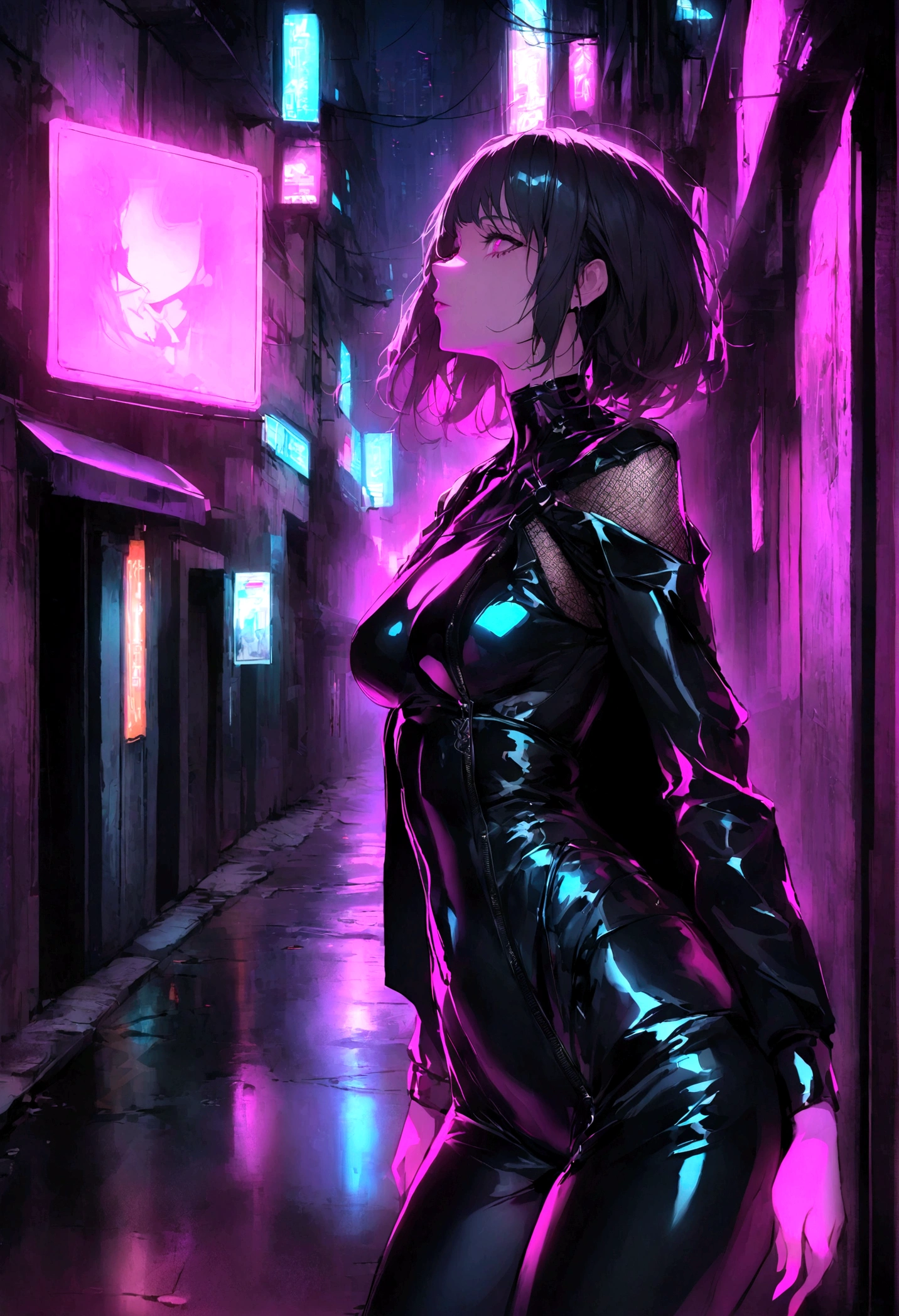 Create an image of a girl dressed in black latex in a neon-lit, hidden alley of a futuristic cyberpunk city. The scene should be dark and atmospheric, with vibrant neon signs and holograms illuminating the narrow streets. The girl should have an edgy and confident look, with elements like high-tech gadgets or accessories that fit the cyberpunk theme