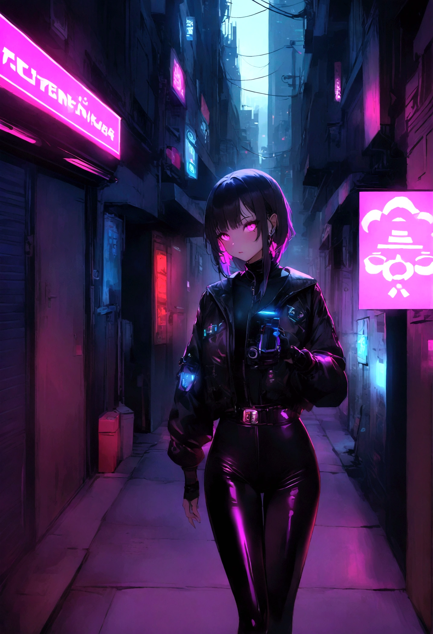 Create an image of a girl dressed in black latex in a neon-lit, hidden alley of a futuristic cyberpunk city. The scene should be dark and atmospheric, with vibrant neon signs and holograms illuminating the narrow streets. The girl should have an edgy and confident look, with elements like high-tech gadgets or accessories that fit the cyberpunk theme