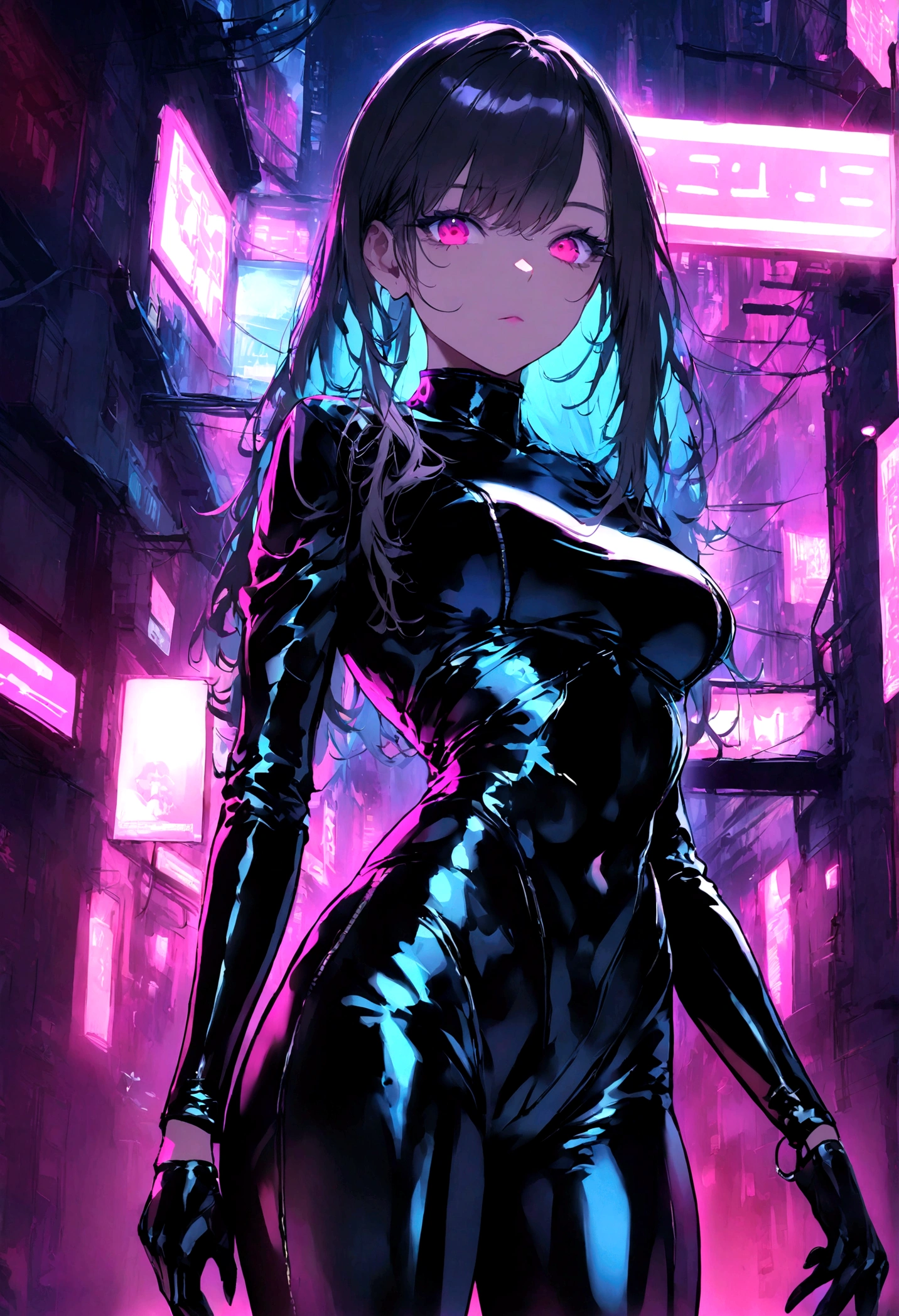 Create an image of a girl dressed in black latex in a neon-lit, hidden alley of a futuristic cyberpunk city. The scene should be dark and atmospheric, with vibrant neon signs and holograms illuminating the narrow streets. The girl should have an edgy and confident look, with elements like high-tech gadgets or accessories that fit the cyberpunk theme