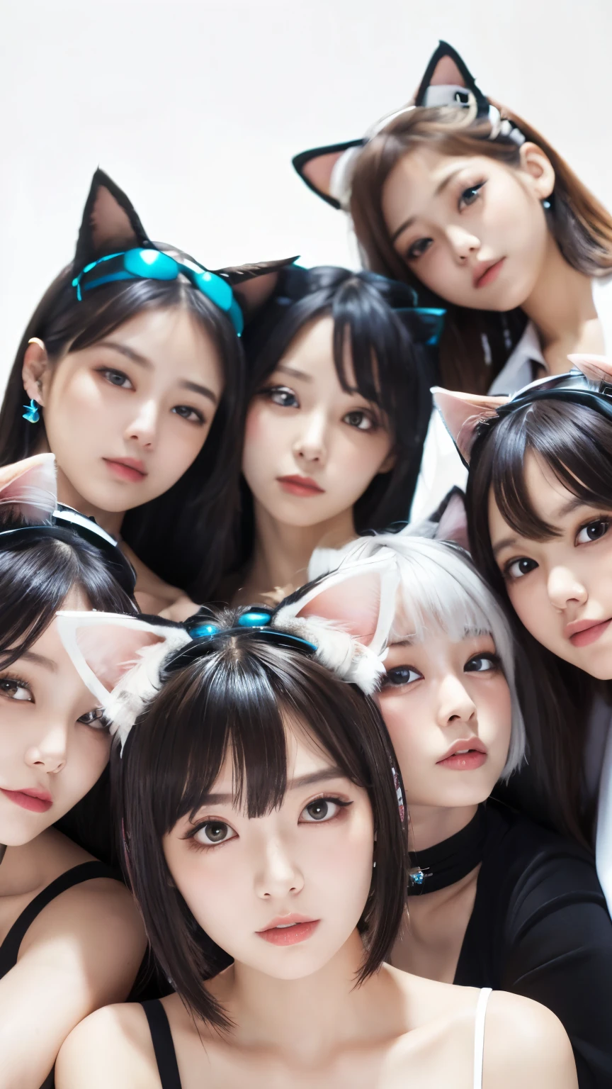Masterpiece, 4k, Bokeh, beautiful face, Harem, (multiple girls:1.4), (Group Photo:1.5), (Cat ears:1.3), (white bob hair:1.3), looking at the viewer, (white background :1.4), closeup