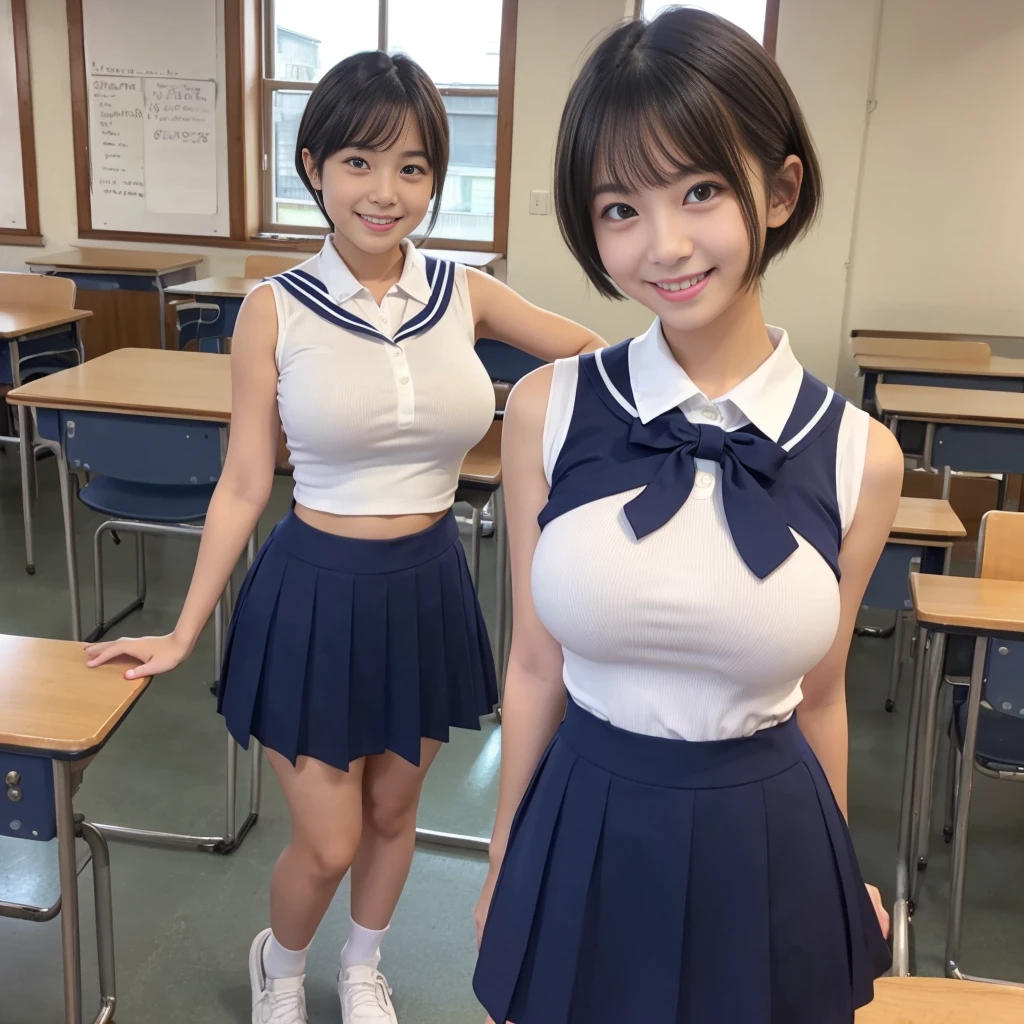 (Looking at me with a smile)、(Big Breasts)、(Nobody background)、classroom、(whole body)、Showing her side、forward leaning posture、Short Hair、(Buttoned sleeveless sailor suit)、(Micro Skirt)、(She's flipping up her skirt herself)
