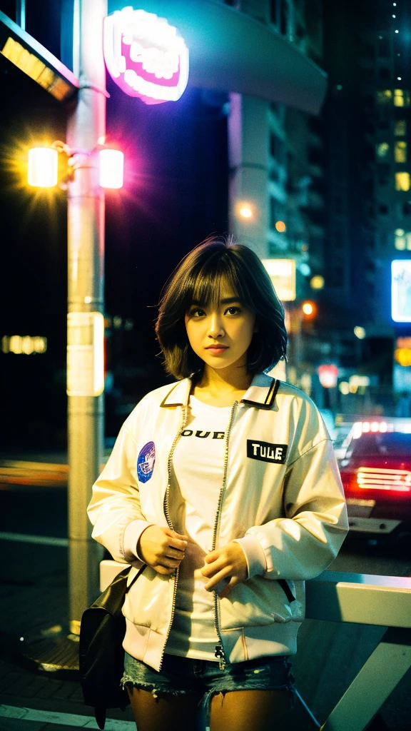 Masterpiece, (best quality:1.4), ultra high res, master photography, professional color grading, depth of fields, rule of third, 50mm, film grain, (photorealistic:1.4), cinematic lighting, chromatic abberation, 1girl, short hair, wearing coach jacket, streetwear, hypebeast, detailed face, detailed eyes, flat chest, looking at viewer, front view, cowboy shot, Hong Kong street background, night, city light, blurry background, sfw