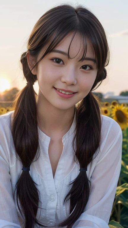highest quality、,(Photorealistic:1.2), (highest quality), (Detailed skin:1.3), (Intricate details), Ray Tracing,One girl, In detail,real，RAW Photos & Realistic atmosphere,Natural Lip、Fair skin、Great light、Beautiful lighting、((Straight hair))、((Twin tails))、Sunflower field，smile、かわいいsmile、(Face Focus:1.1),(Face close-up:1.1),Sunset