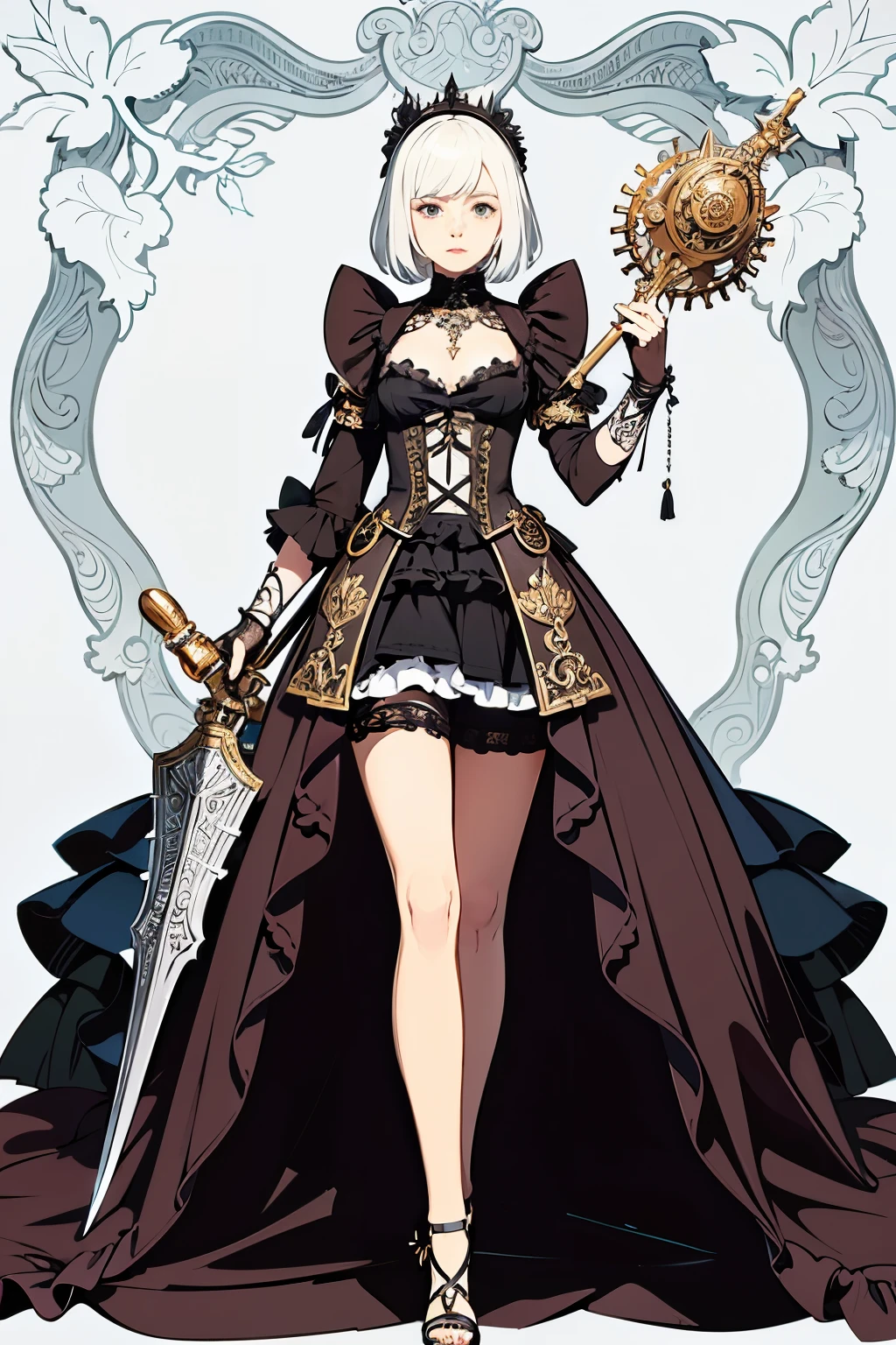 ((best quality)), ((masterpiece)), (detailed), perfect face ((best quality)), ((masterpiece)), (detailed), blank white background, plain background, white background, Bloodborne inspired, occult aesthetic, occult, detailed and intricate steampunk and detailed gothic, (zentangle, mandala, tangle, entangle), NSFW, a beautiful goddess adorned and enshrined in armour, Bloodborne inspired , occult aesthetic , occult , detailed and intricate steampunk and detailed gothic , wielding a sword and holding a shield, Fluttering lace flared short dress with frilly petticoats, beautiful small breasts, small breasts, full body, whole body, body,