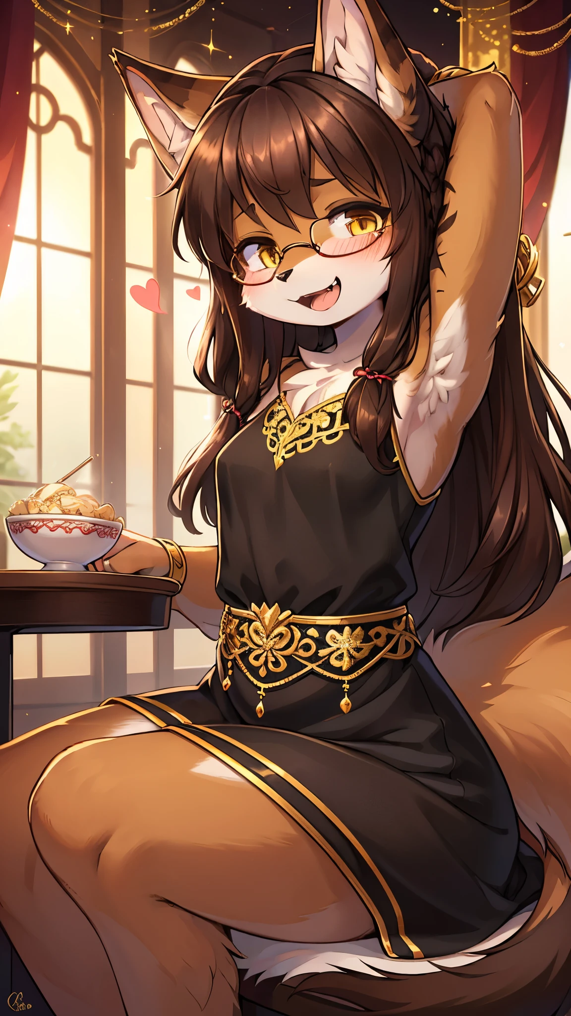 best quality,best resolution,(fluffy anthro furry :1.6),(young :1.6),cat girl,(dark brown hair :1.6),long hair,wavy hair,yellow eyes,glistering eyes,sparkle eyes,ultra detailed eyes,(dark brown fur :1.4),(black dress with gold embroidery),gold heart neclace,glasses,floral hair ornaments,floral bracelets,gorgeous restaurant,chanderia,sparkle stars surrounded,romantic light,full face blush,looking at viewer,heart expression eyes,heart eyes,passionated face,smile,sitting,one eye closed,armpits,left side view,open mouth,fangs