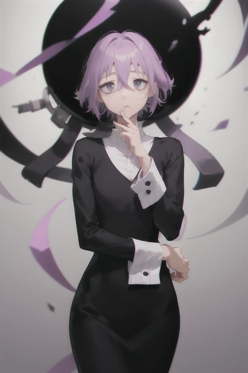 absurdres, best quality, androgynous, solo, looking at viewer, Crona, (nervous:1), (scared:0.75), (hand on own arm:0.5), cuff links,  hair between eyes, black dress, purple hair, blunt bangs, closed mouth, hair flaps, long sleeves, solid circle pupils, black eyes,