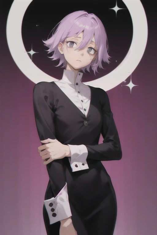 absurdres, best quality, androgynous, solo, looking at viewer, Crona, (nervous:1), (scared:0.75), (hand on own arm:0.5), cuff links,  hair between eyes, black dress, purple hair, blunt bangs, closed mouth, hair flaps, long sleeves, solid circle pupils, black eyes,