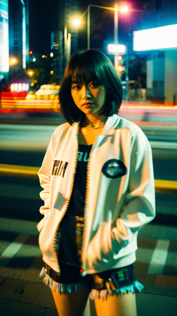 Masterpiece, (best quality:1.4), ultra high res, master photography, professional color grading, depth of fields, rule of third, 50mm, film grain, (photorealistic:1.4), cinematic lighting, chromatic abberation, 1girl, short hair, wearing coach jacket, streetwear, hypebeast, detailed face, detailed eyes, flat chest, looking at viewer, front view, cowboy shot, Hong Kong street background, night, city light, blurry background, sfw