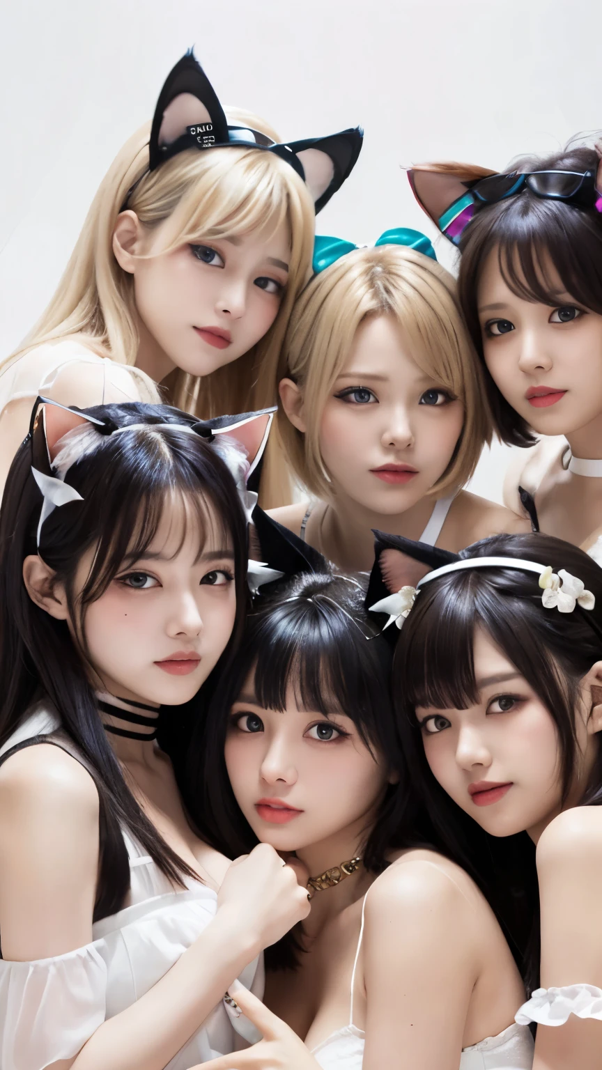 Masterpiece, 4k, Bokeh, beautiful face, Harem, (multiple girls:1.4), (Group Photo:1.5), (Cat ears:1.3), (white bob hair:1.3), looking at the viewer, (white background :1.4), closeup