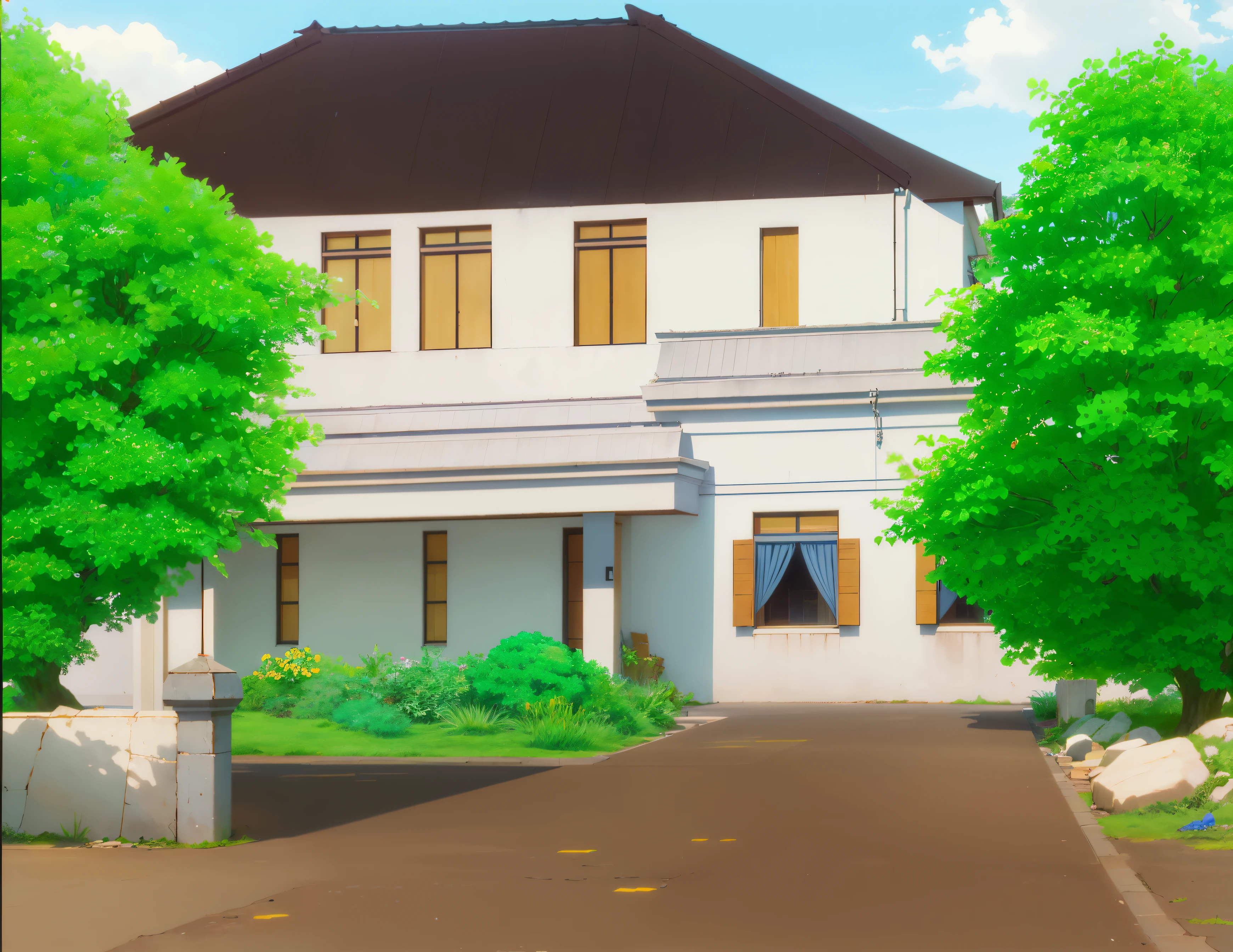a large old white multi-story house with several pillars and plants in the front yard in the Dutch colonial era, 1940, 1950, 1960, 1970, 1980, there is a concrete fence that is not too high, 2 large trees on the left and right, the walls of the house are colored white with yellow windows and curtains, light brown ground with a few small pebbles, blue sky with a few clouds, daytime weather, sunny weather, dark brown tile roof, rendering in Makoto Shinkai style, Makoto Shinkai artstyle, anime, anime background, 4k, 4k detailed,