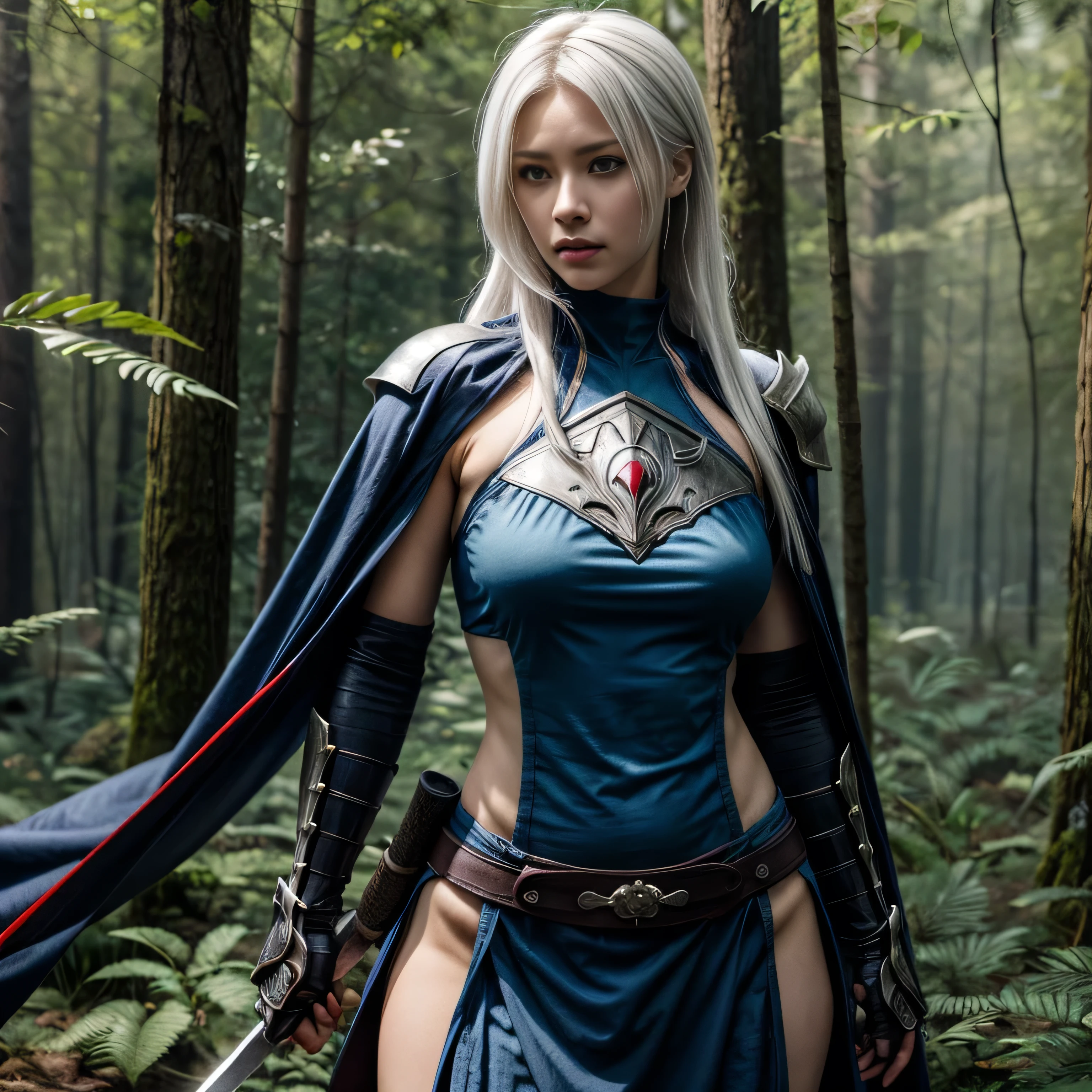 photorealistic, masterpiece, photorealistic, high resolution, soft light, hips up, arm up, blue eyes, white hair, long hair, Intricate details EABA, cloaks, short steel claws, Ninja, Armor, warrior, medium breasts, Konoha forest