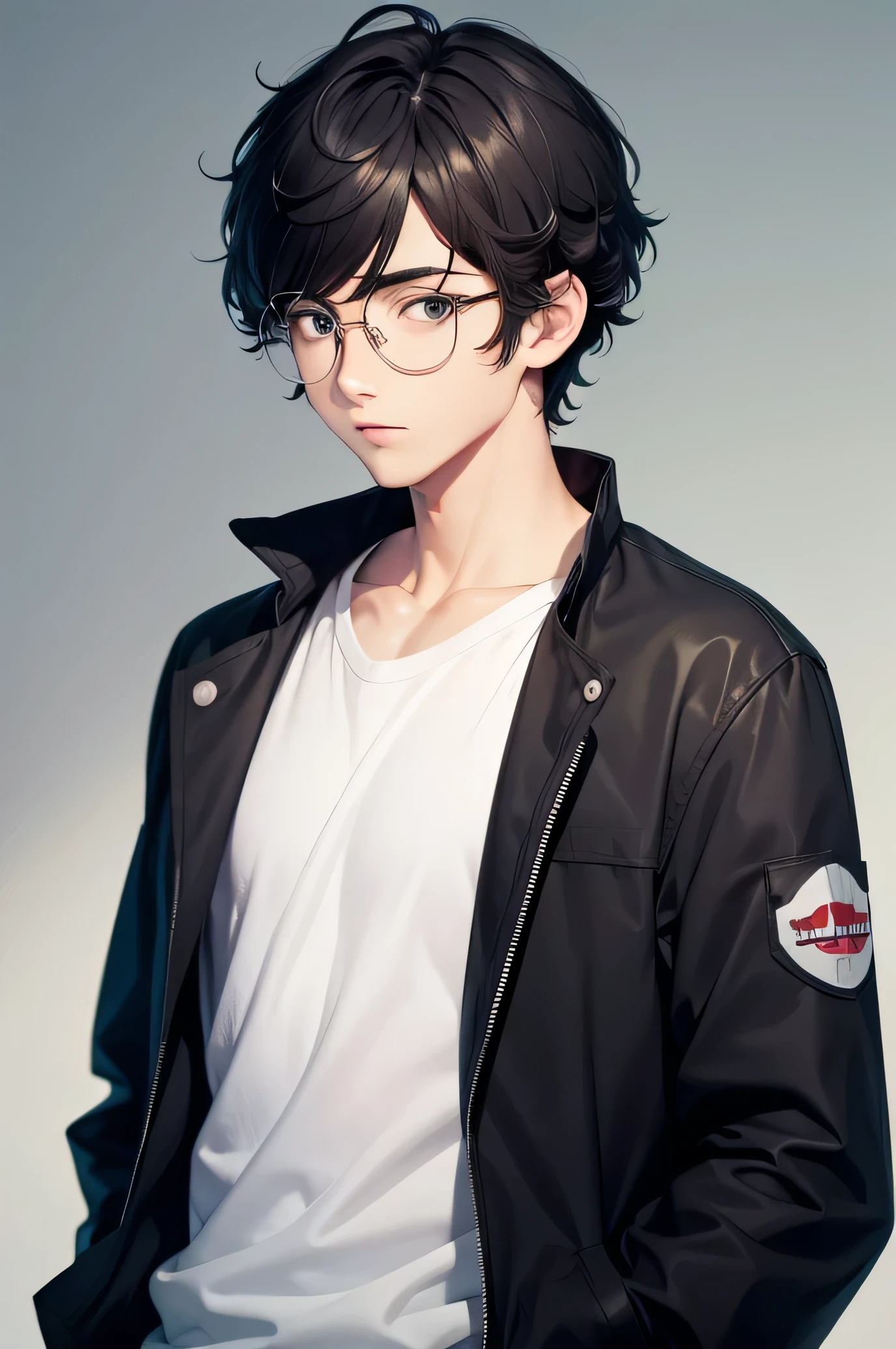 Ren Amamiya Persona, anime,casual, japanese style, black mountain jacket, white shirt, black hair, short hair, curly hair, glasses