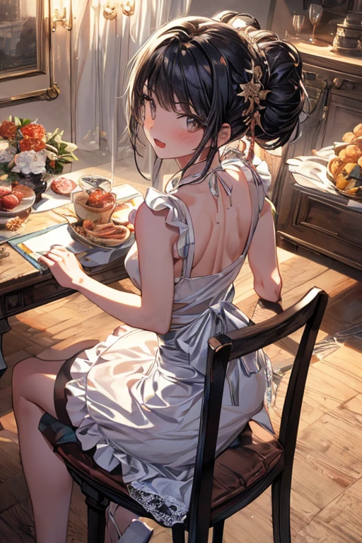 (from above:1.2),(from side:0.9),(A masterpiece of image quality in 8K),(Beautiful Allafed Woman),(((emphasizing breasts:1.1))),(Dynamic angles),(Dynamic and sexy bending pose:1.3),(sit a chair:1.1),(Short hair in shiny silver and orange inner colors,small full breasts,Disturbance of clothing due to movement,breast slip,(Ponytail twisted buns adorned with elaborate braids and beads,Braided Setup Fishbone Hair,),(see-through bangs),(perky chest:1.1), (pointed chest:1.3), small breasts、(((A white lace apron that shows your bare skin from under your small breasts)))、Blush with embarrassment、Enraptured eyes、A smile that beguiles the viewer、(Look back:1.7)、Look into the photographer,skin glistening with sweat,gazing at viewer,,(Professional Lighting),(8K,masutepiece,top-quality,Ultra-high resolution output image,),(Ultra HD with complex detail image modes),depth of fields,Beautiful hands,Beautiful fingers,Detailed finger features,(Detailed hair features:1.7),detailed facial features,detailed clothes features, (perky chest:1.1), (pointed chest:1.3), seductive weak smiling,(with sparkling eyes and a contagious smile),little open mouth,

