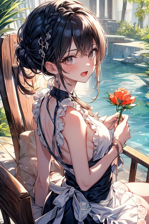 (from above:1.2),(from side:0.9),(A masterpiece of image quality in 8K),(Beautiful Allafed Woman),(((emphasizing breasts:1.1))),(Dynamic angles),(Dynamic and sexy bending pose:1.3),(sit a chair:1.1),(Short hair in shiny silver and orange inner colors,small full breasts,Disturbance of clothing due to movement,breast slip,(Ponytail twisted buns adorned with elaborate braids and beads,Braided Setup Fishbone Hair,),(see-through bangs),(perky chest:1.1), (pointed chest:1.3), small breasts、(((A white lace apron that shows your bare skin from under your small breasts)))、Blush with embarrassment、Enraptured eyes、A smile that beguiles the viewer、(Look back:1.7)、Look into the photographer,skin glistening with sweat,gazing at viewer,,(Professional Lighting),(8K,masutepiece,top-quality,Ultra-high resolution output image,),(Ultra HD with complex detail image modes),depth of fields,Beautiful hands,Beautiful fingers,Detailed finger features,(Detailed hair features:1.7),detailed facial features,detailed clothes features, (perky chest:1.1), (pointed chest:1.3), seductive weak smiling,(with sparkling eyes and a contagious smile),little open mouth,