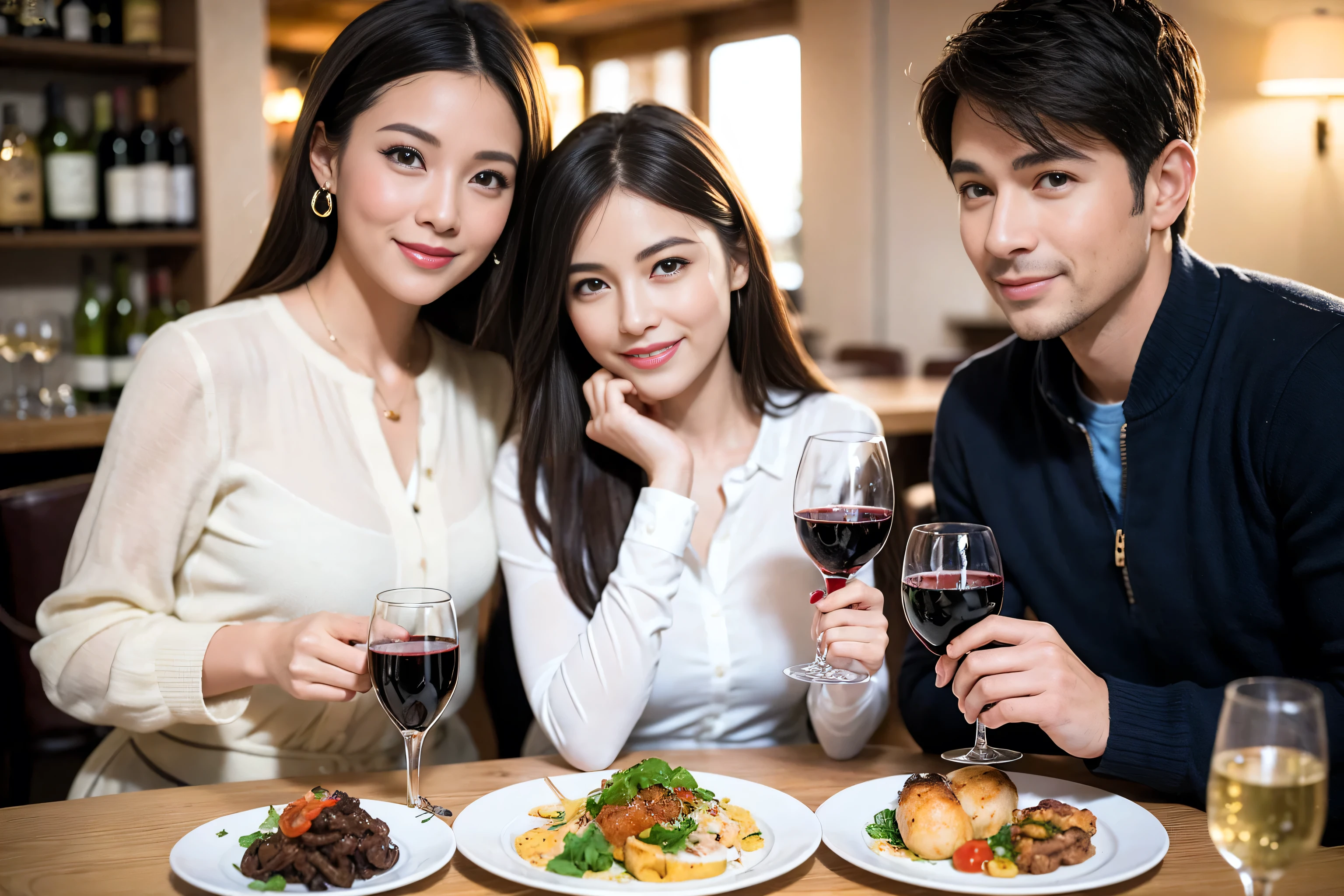 ((highest quality、8k、masterpiece:1.3))、1 male 1 female、lover、Beautiful couple、Smile、full-course dinner、 (Slim face), (the body is スリム), (Brown Hair), (Shortcuts), Wine glass on the table、shine a light on your face、 Amazing view of the sunset sky and clouds、The beauty of a smile、Shortcuts, (42 years old), 39 years old, Appetizers、Italian food、Wine bottle、Champagne、sparkling wine、Long sleeve shirt、dress、Attractive beauty、restaurant, Nova Frog Style, actress, model, Upper Body, White wine, red wine, wine glass,