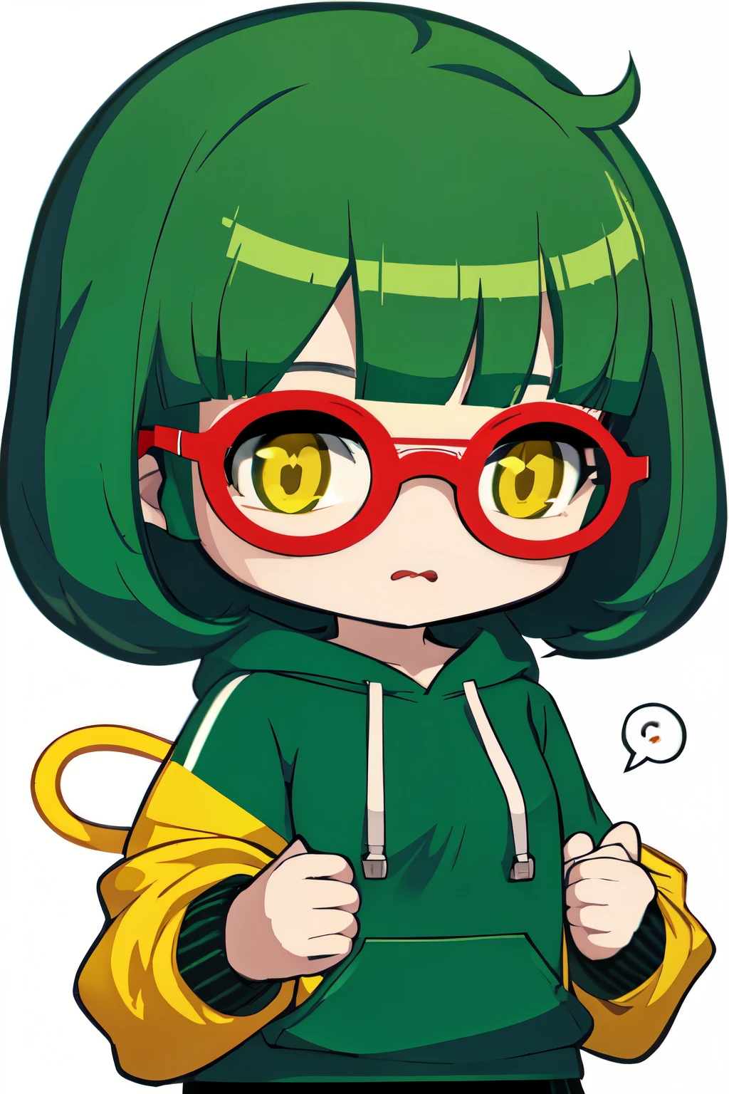 "green hair", neko ears, red glasses, bob cut hair, kawaii, yellow eyes, medium breasts, hoodie, beautiful art, chibi , emoji, white background, chibi style, mini chibi