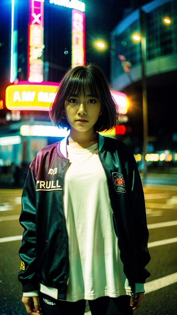 Masterpiece, (best quality:1.4), ultra high res, master photography, professional color grading, depth of fields, rule of third, 50mm, film grain, (photorealistic:1.4), cinematic lighting, chromatic abberation, 1girl, short hair, wearing coach jacket, streetwear, hypebeast, detailed face, detailed eyes, flat chest, looking at viewer, front view, cowboy shot, Hong Kong street background, night, city light, blurry background, sfw