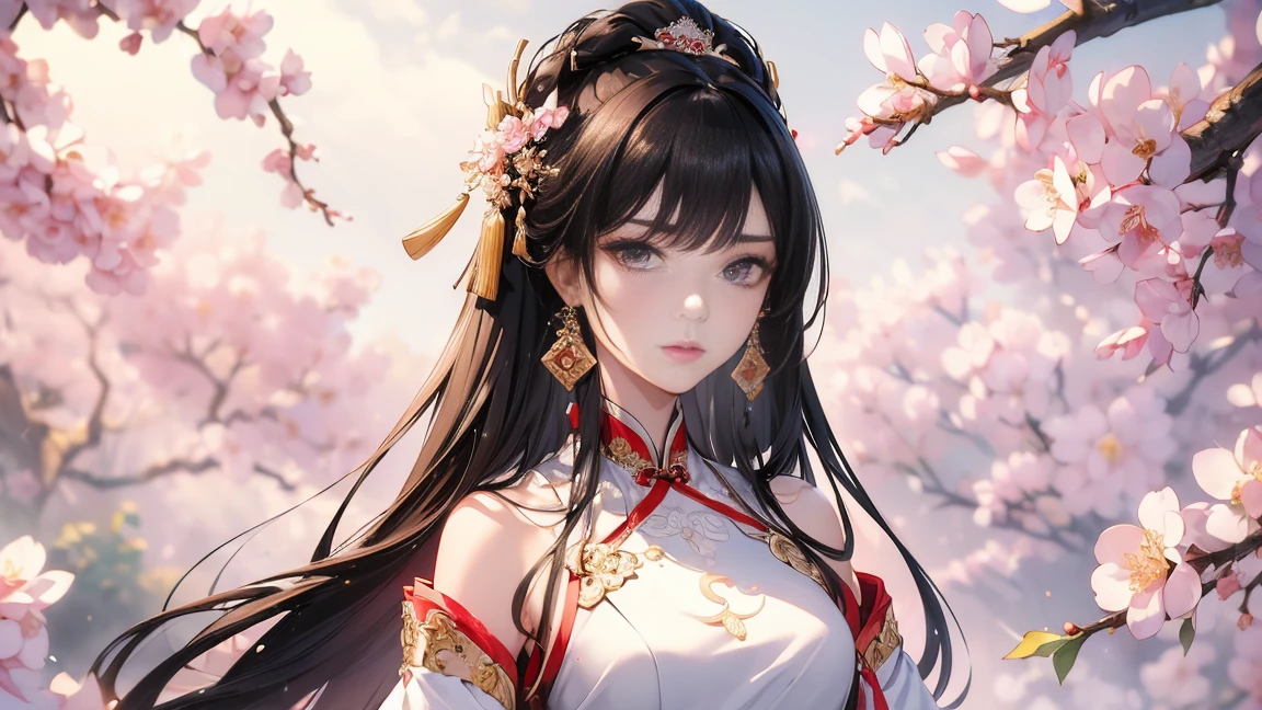 ((highest quality, 8k, masterpiece: 1.3)), Sharp focus Beautiful woman with perfect body, Slim abdomen, Highly detailed face and skin texture, Fine grain, Chinese traditional clothing, Hanfu, Ancient Chinese Princess, Black Hair, Hair ornament studded with small jewels, Slender body, Place your hand on your chest, In the background, a plum tree in full bloom