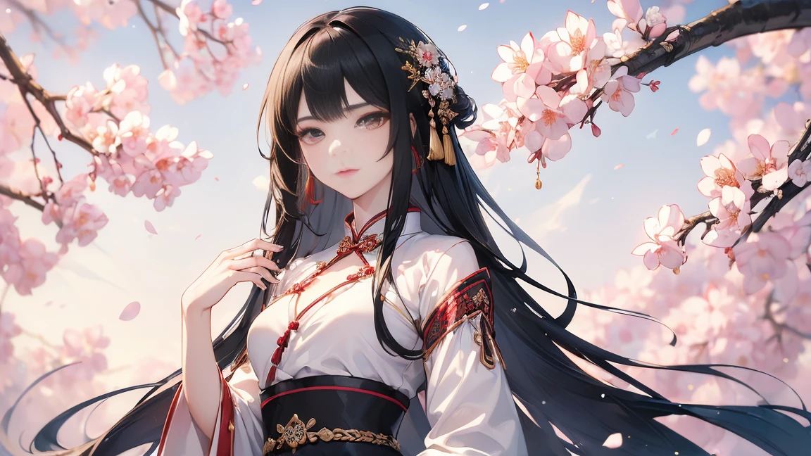 ((highest quality, 8k, masterpiece: 1.3)), Sharp focus Beautiful woman with perfect body, Slim abdomen, Highly detailed face and skin texture, Fine grain, Chinese traditional clothing, Hanfu, Ancient Chinese Princess, Black Hair, Hair ornament studded with small jewels, Slender body, Place your hand on your chest, In the background, a plum tree in full bloom