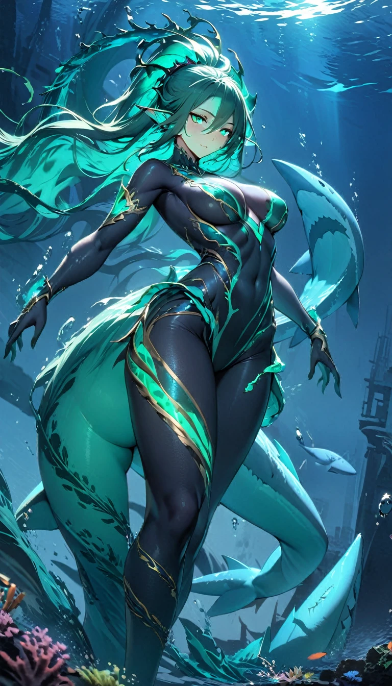 best quality,4k,8k, highres, masterpiece:1.2), ultra-detailed, extremely detailed eyes, extremely detailed body, the average Levianthar woman is a striking and formidable figure, standing tall at around 6 to 7 feet with a lean, muscular build that showcases her strength and agility. Her skin is smooth and slightly iridescent, with a bluish or grayish tint that shimmers under light, reflecting her aquatic heritage. She possesses long, flowing hair that ranges in color from deep seaweed green to midnight blue, often adorned with small, bioluminescent beads or shells. Her large, expressive eyes are adapted for both underwater and terrestrial vision, featuring hues of deep blue or emerald, green, and often possessing a subtle, ethereal glow. High cheekbones and slightly elongated ears add to her otherworldly beauty, while gill-like structures along her neck hint at her ability to thrive in the ocean depths. Her fingers and toes are slightly webbed, enhancing her swimming abilities, and a thick, powerful tail reminiscent of a shark's extends from her lower back, aiding in swift underwater movement. Her overall appearance exudes an aura of strength, grace, and mystery, embodying the unique blend of aquatic and humanoid features that define the Levianthar race, dynamic lighting, cinematic lighting, dramatic atmosphere,