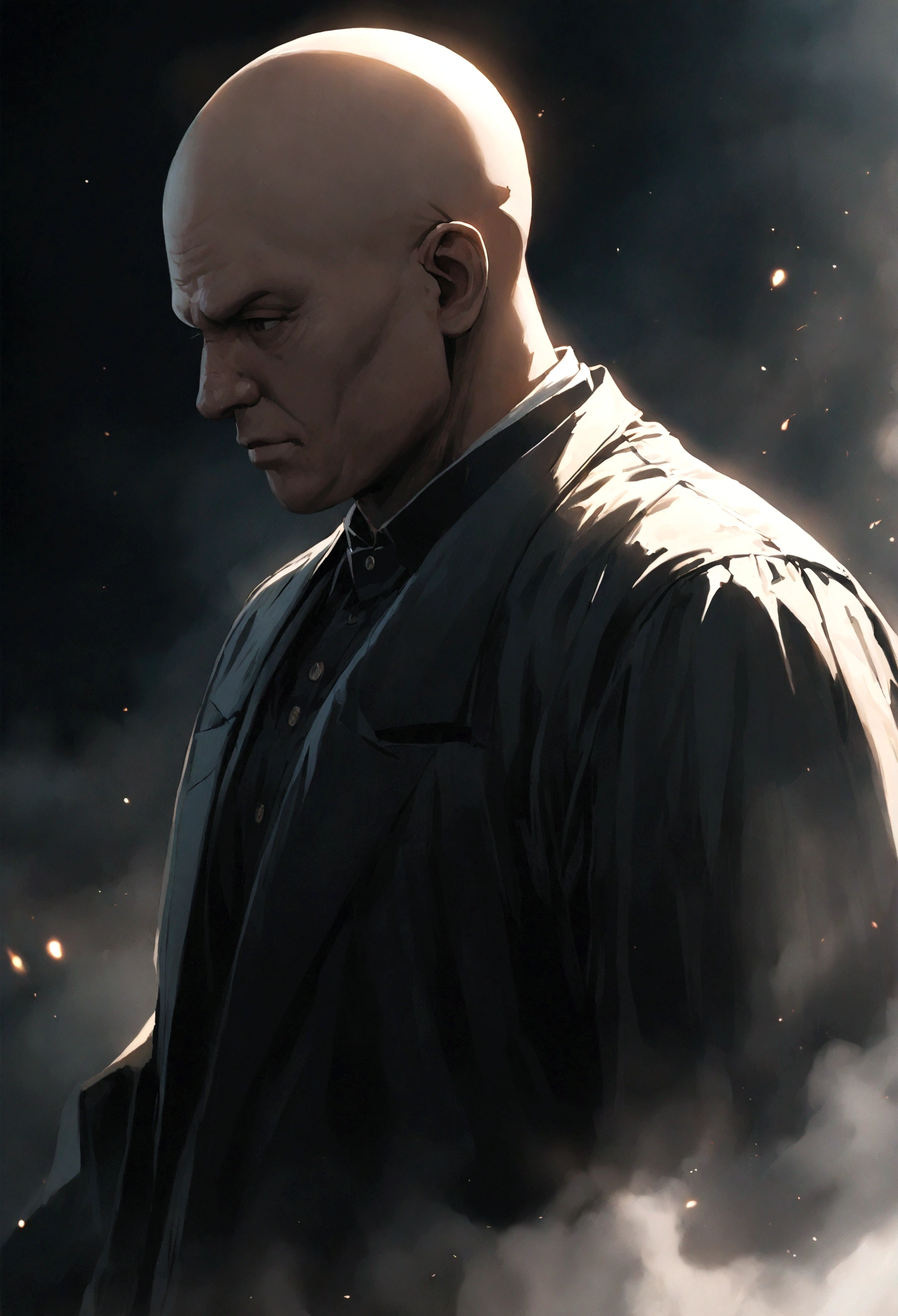 bald man man in black