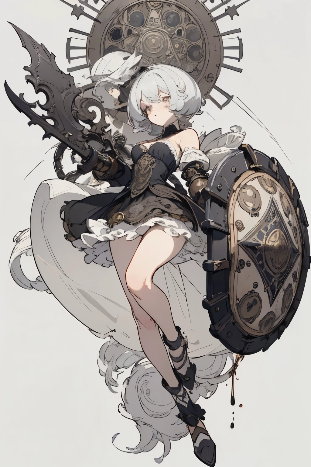 ((best quality)), ((masterpiece)), (detailed), perfect face ((best quality)), ((masterpiece)), (detailed), blank white background, plain background, white background, Bloodborne inspired,  occult aesthetic, occult, detailed and intricate steampunk and detailed gothic, (zentangle, mandala, tangle, entangle),  NSFW, a beautiful goddess adorned and enshrined in armour, Bloodborne inspired , occult aesthetic , occult , detailed and intricate steampunk and detailed gothic , wielding a sword and holding a shield, Fluttering lace flared short dress with frilly petticoats, beautiful small breasts, small breasts, full body, whole body, body, 