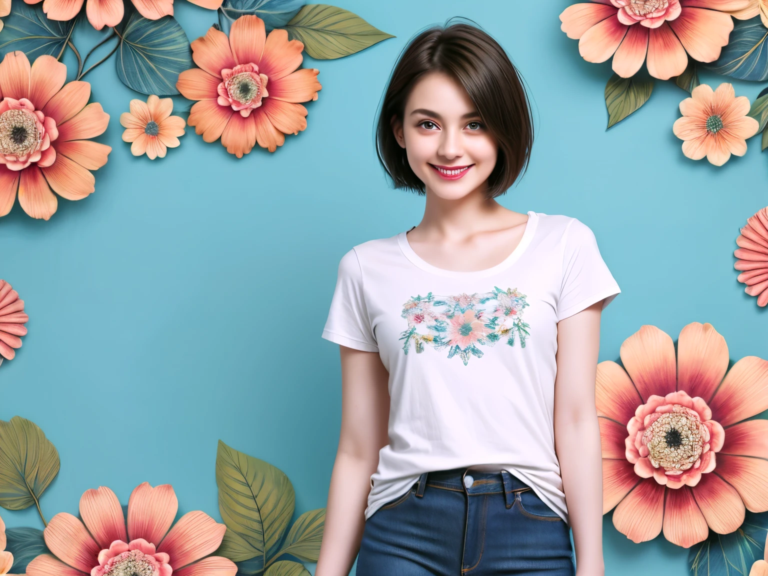 239 18-year-old female, short hair, (Jeans andT-shirt), A kind smile, lipstick, (Floral Background、Fractal Patterns)