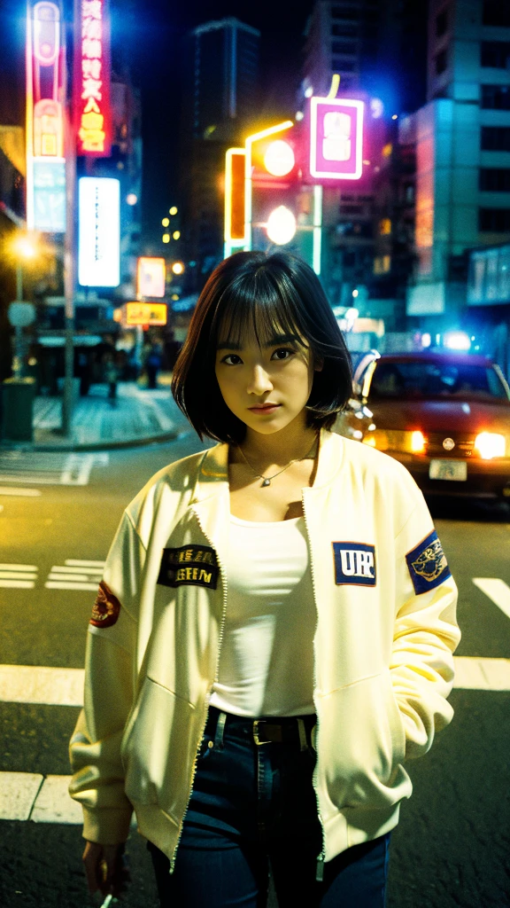 Masterpiece, (best quality:1.4), ultra high res, master photography, professional color grading, depth of fields, rule of third, 50mm, film grain, (photorealistic:1.4), cinematic lighting, chromatic abberation, 1girl, short hair, wearing bomber jacket, detailed face, detailed eyes, flat chest, looking at viewer, front view, cowboy shot, Hong Kong street background, night, city light, blurry background, sfw