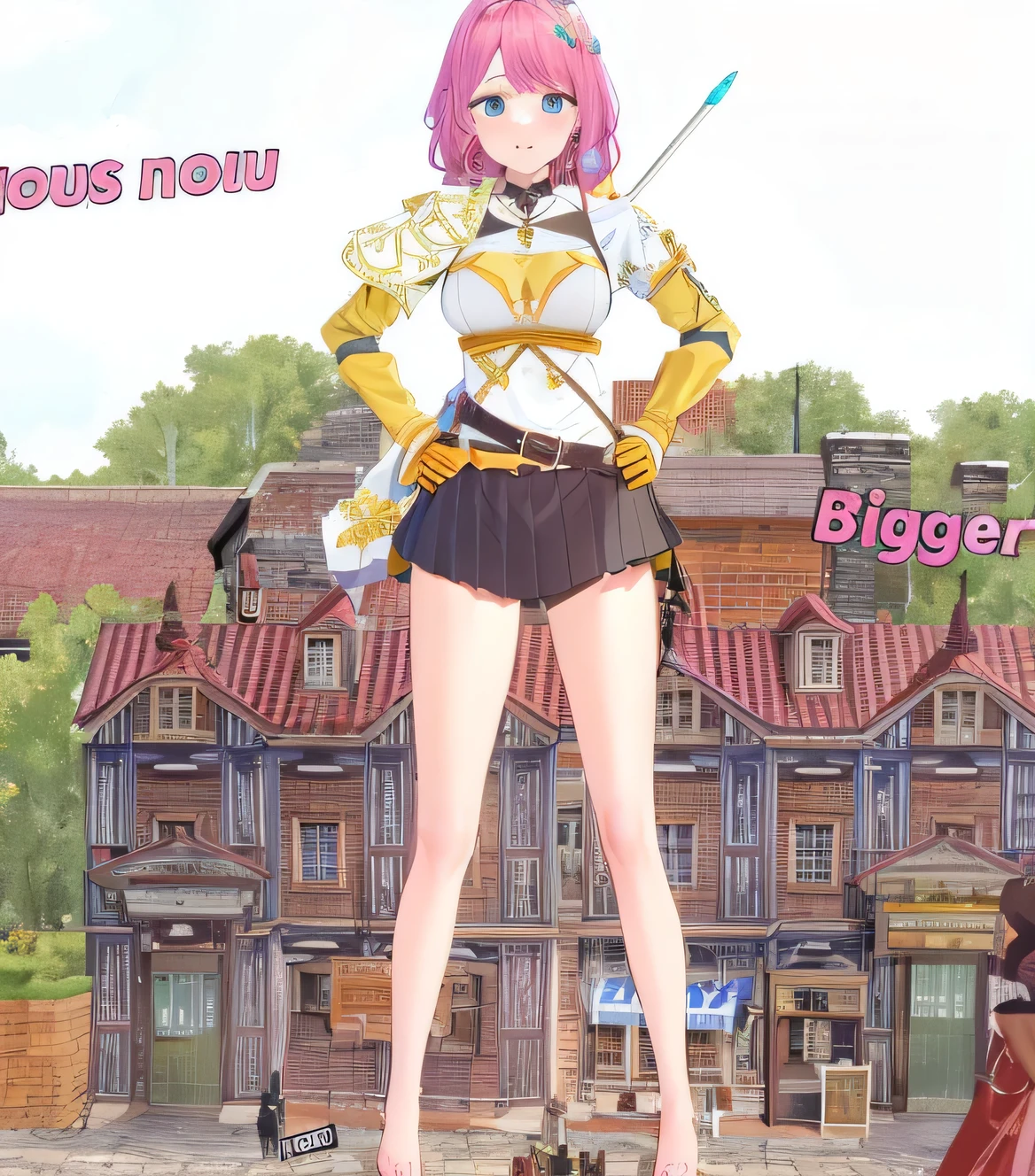 best quality, photorealistic, 8k, high res, 1girl, (large breast), (professional lighting, bokeh), (fantasy), (medieval town), (people, crowds), (day),(pink hair), (blue eyes), (portrait), gorgeous, bloom, gts, no text, toned, thick thighs, smug