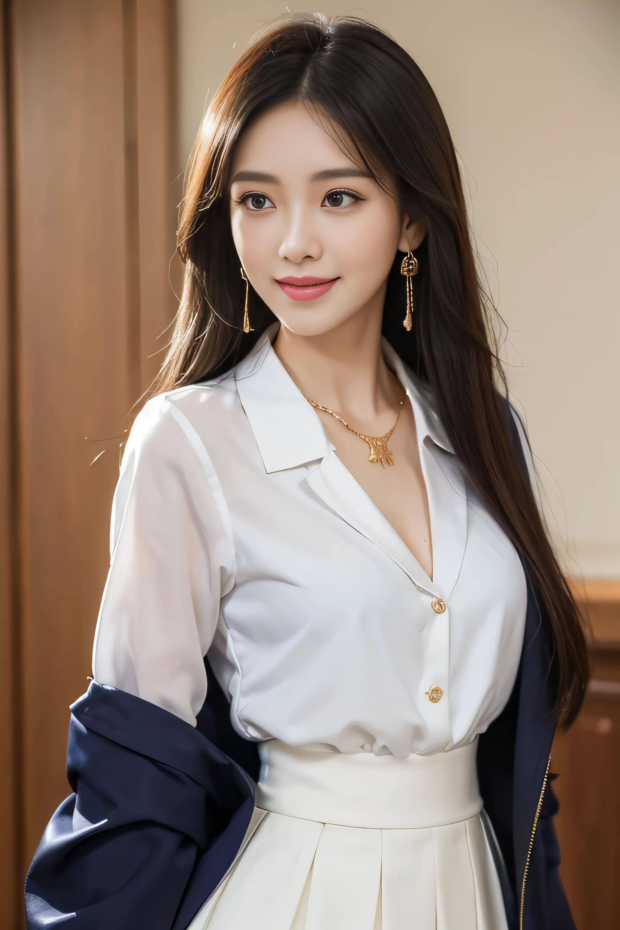 (1 female), beautiful, Great face and eyes, Compensate, (Very detailedbeautiful顔), Captivating smile, (highest quality:1.4), (Very detailed), (Very detailed CG synthesis 8k wallpaper), Very detailed, RAW Photos, Professional photography, (Dark colored suit, White mini skirt、Put the blouse inside the skirt、an elegant blouse:1.2), （Navy blue jacket with white trim）, Long straight hair_Hair reaching down to the waist、gold necklace＿Large earrings、shy smile