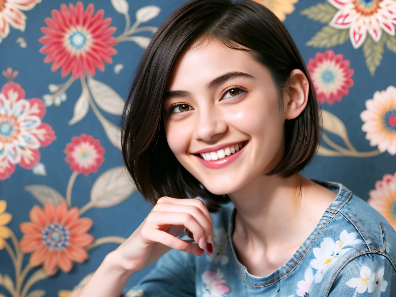 239 18-year-old female, short hair, (Jeans andＴ-shirt), A kind smile, lipstick, (Floral Background、Fractal Patterns)
