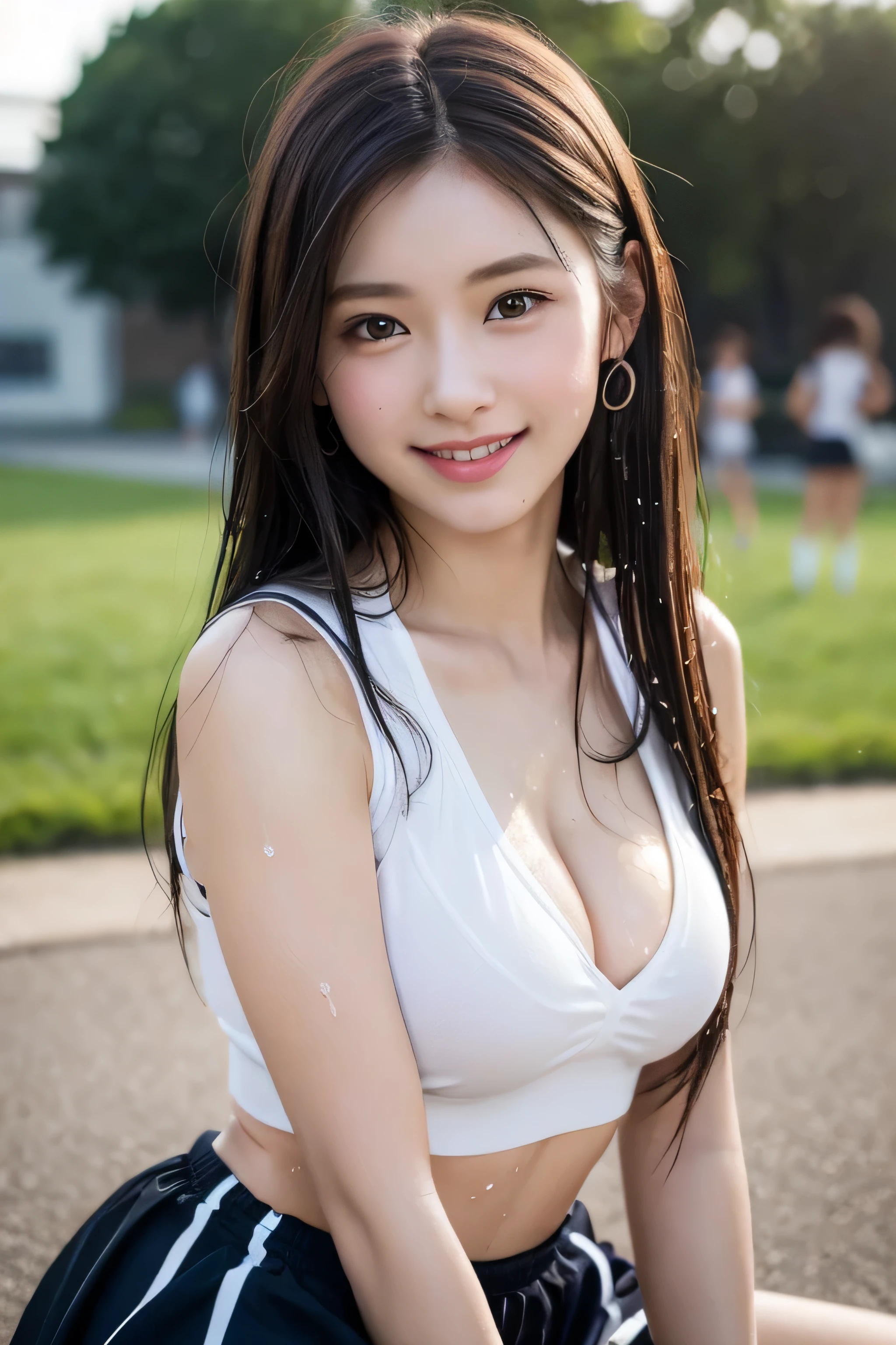 (8k、live-action、Raw photo、highest quality、masterpiece:1.2),(Outdoors),((Perfect lighting)),(Wet hair),Watching the audience,Sexy pose, cute smile,18-year-old,student,White skin,knees,Small Face,Part the front hair from the center、The forehead is visible,skinny,skinny)、masterpiece,highest quality、超A high resolution,one person, solo,Close-up shot、cute、Back to Students,(Sporty clothes:1.3),High school girl,Japanese women,(Photoreal:1.37)、Photon Mapping,Realistic、cuteSmall Face,Brown eyes、prospect、Depth of written boundary、Blurred Background、Real,(I can see the front hair), hair, I can see the knees, thigh,(Nogizaka Idol), actress、Big and ample breasts、Cleavage、Super fine、Low people、(Skin with visible pores:1.2)、(Focus on the face)、8 heads、Natural neck、Check and correct the skeleton