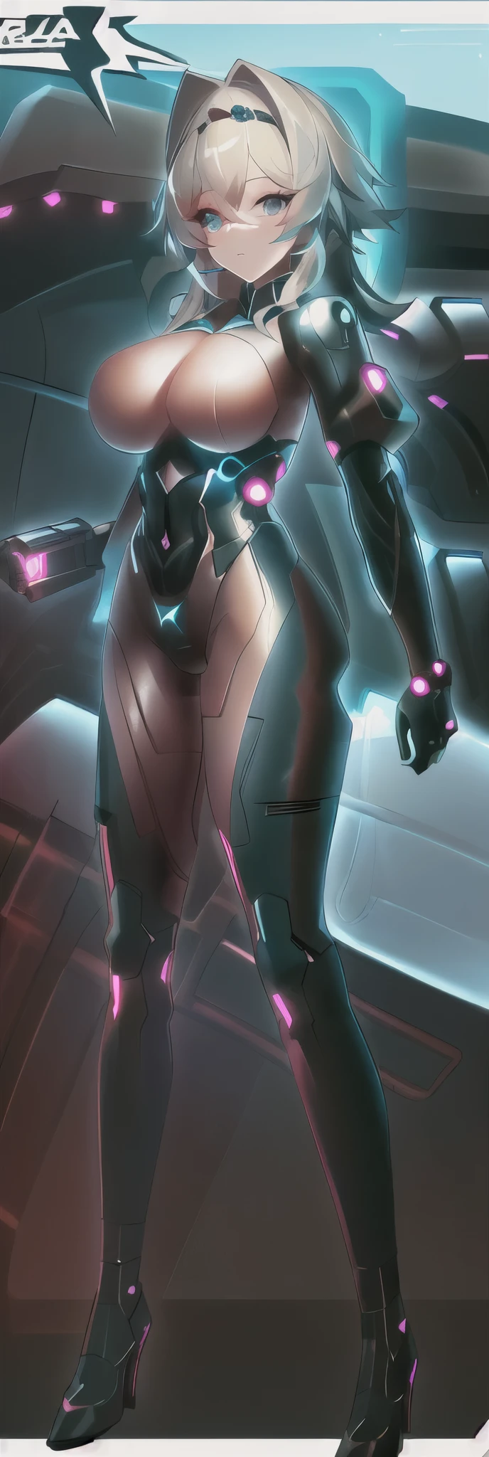 a anime picture of a woman in a futuristic suit, Vill-V, white_hair, large_breasts, hips, sexy, high_heels, cyber suit, full body details, cyborg and wire details, stealth suit, detailed full body concept, sci - fi suit, cybersuits, science fiction suit, cybersuit, full body mecha suit, black scales and cyborg tech, detailed full body concept art, varia suit