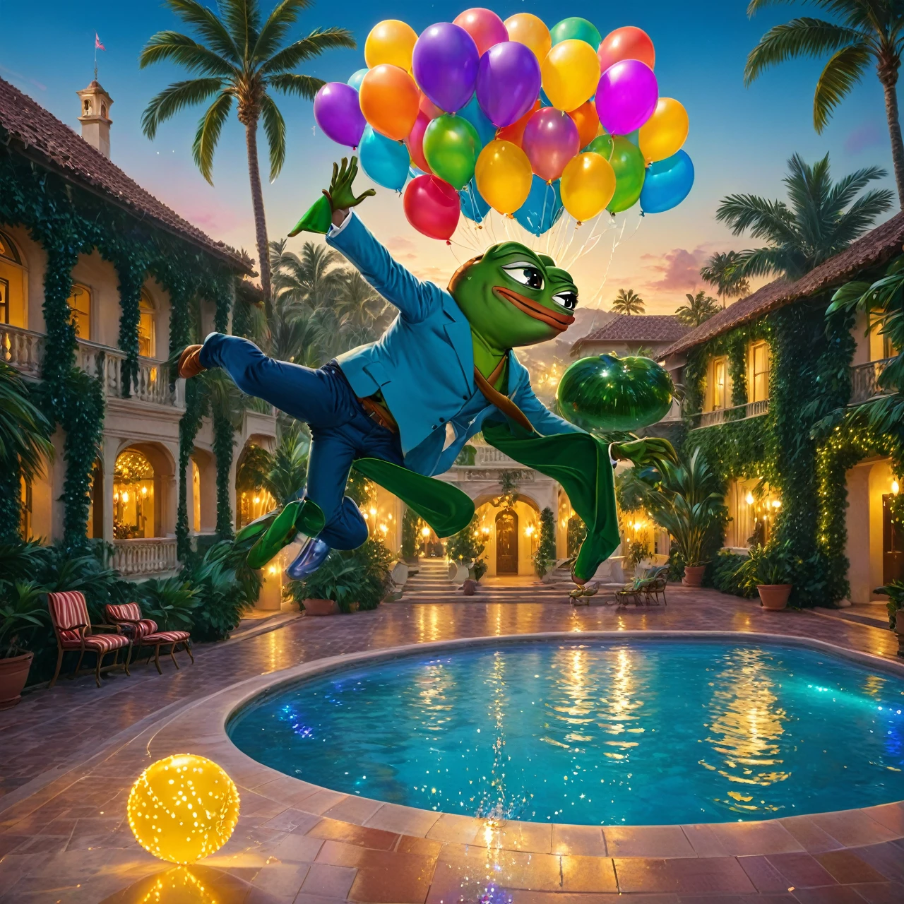 A ((((Pepe_frog:)1.5)) in tropical beach party, ornate opulent mansion, wealthy socialite, swimming pool, palm trees, colorful neon lights, lavish furniture, champagne glasses, glitter, balloons, dancing, disco ball, mood lighting, luxurious, photorealistic, 8k, best quality, highly detailed, cinematic, dramatic lighting