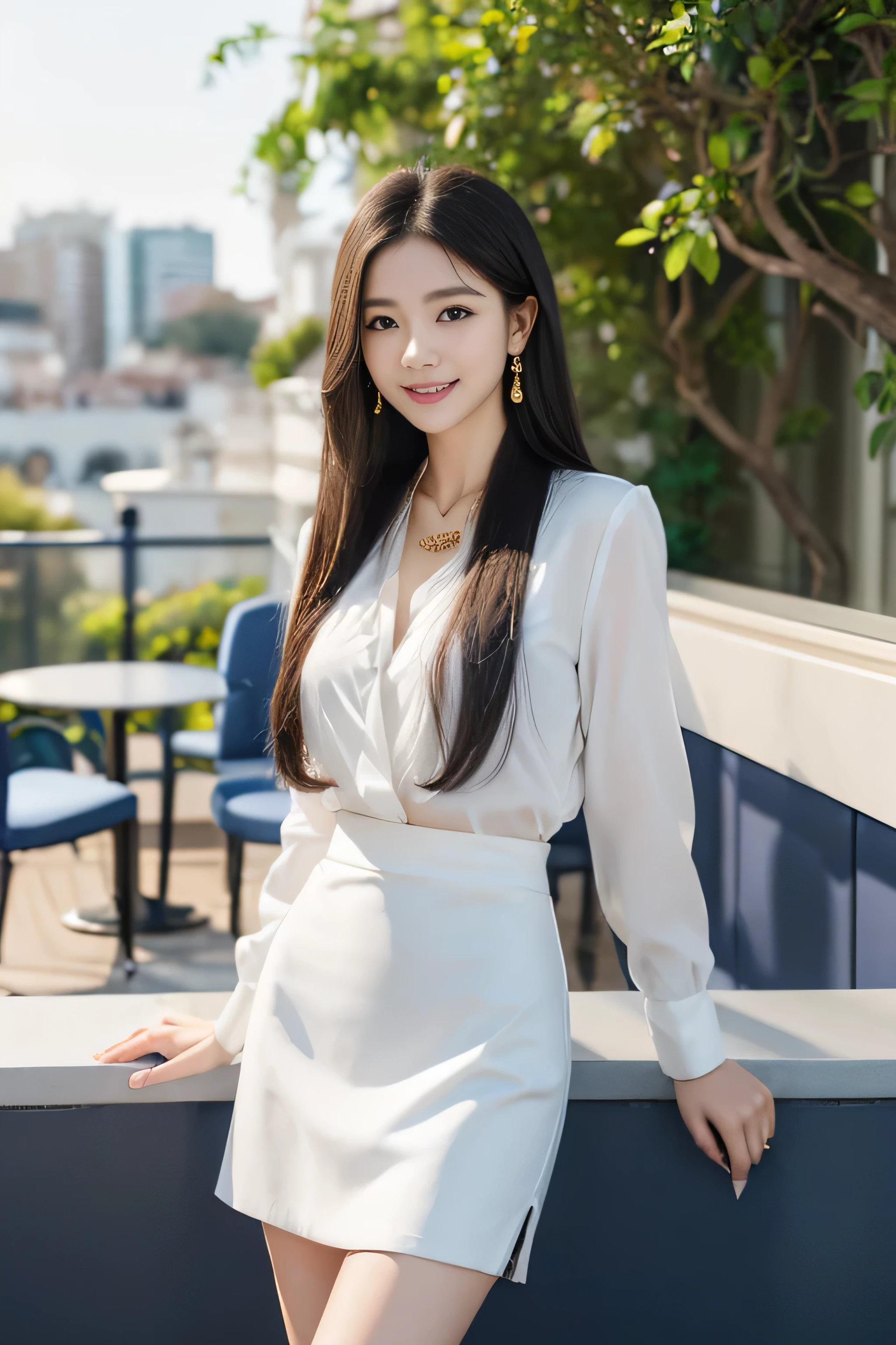(1 female), beautiful, Great face and eyes, Compensate, (Very detailedbeautiful顔), Captivating smile, (highest quality:1.4), (Very detailed), (Very detailed CG synthesis 8k wallpaper), Very detailed, RAW Photos, Professional photography, (Dark colored suit, White mini skirt、Put the blouse inside the skirt、an elegant blouse:1.2), (Navy blue jacket with white trim), Long straight hair_Hair reaching down to the waist、gold necklace_Large earrings、shy smile、 ((On the open terrace of the cafe, blurred background:1.3)),