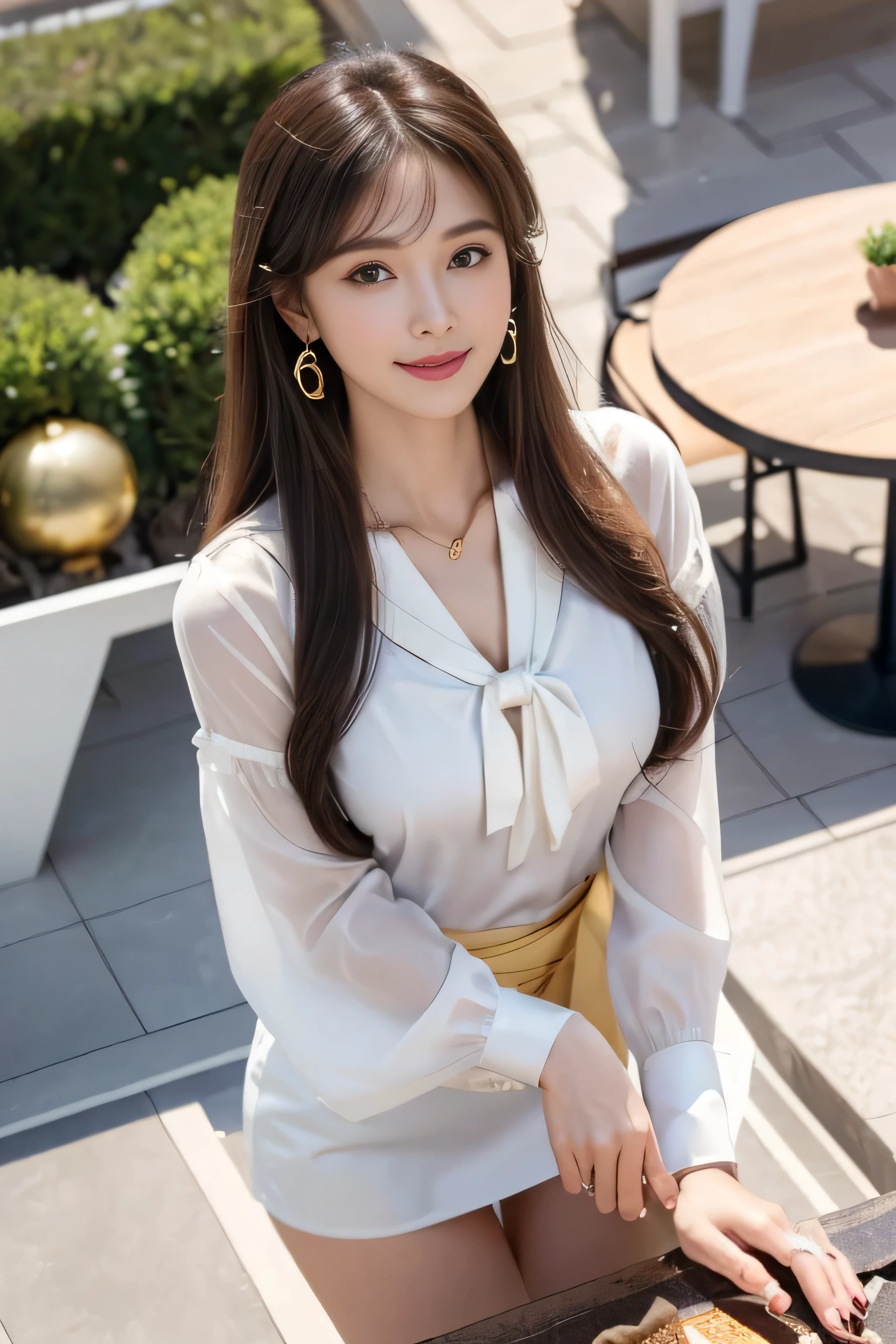 (1 female), beautiful, Great face and eyes, Compensate, (Very detailedbeautiful顔), Captivating smile, (highest quality:1.4), (Very detailed), (Very detailed CG synthesis 8k wallpaper), Very detailed, RAW Photos, Professional photography, (White mini skirt、an elegant blouse with ribbon tie、Put the blouse inside the skirt:1.2), LongSuper long brown hair,Hair with loose waves inside with asymmetrical bangs,reaching down to the waist、gold necklace＿Large earrings、shy smile、 ((On the open terrace of the cafe, blurred background:1.3)),((From an oblique angle above:1.5)),