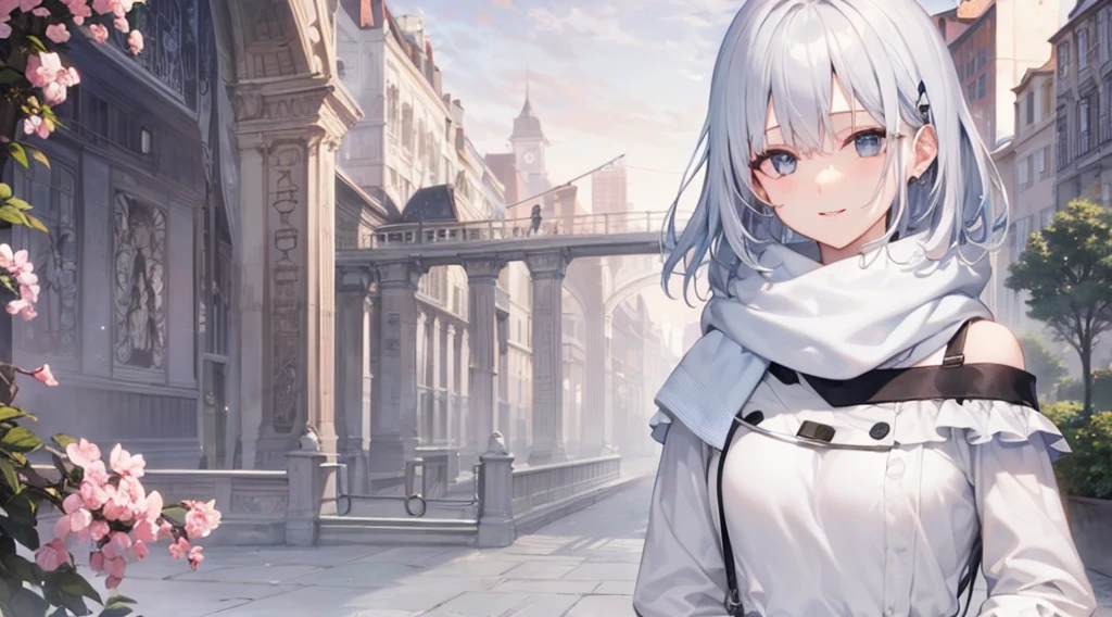 Her eyes were shining、Mysterious and enchanting atmosphere。With AI Painting、とてもShort Hair, Long bangs between the eyes, Grey Eyes , Very detailed,(masterpiece、highest quality)、alone、Gray Hair、Fantasy, Silver Hair, Beautiful Eyes,Ecstasy, charm, attract the audience, Fantasyな風景、White shirt、smile、Open your mouth、Scarf、short hair、Short Hair、hairpin、Dark Eyes