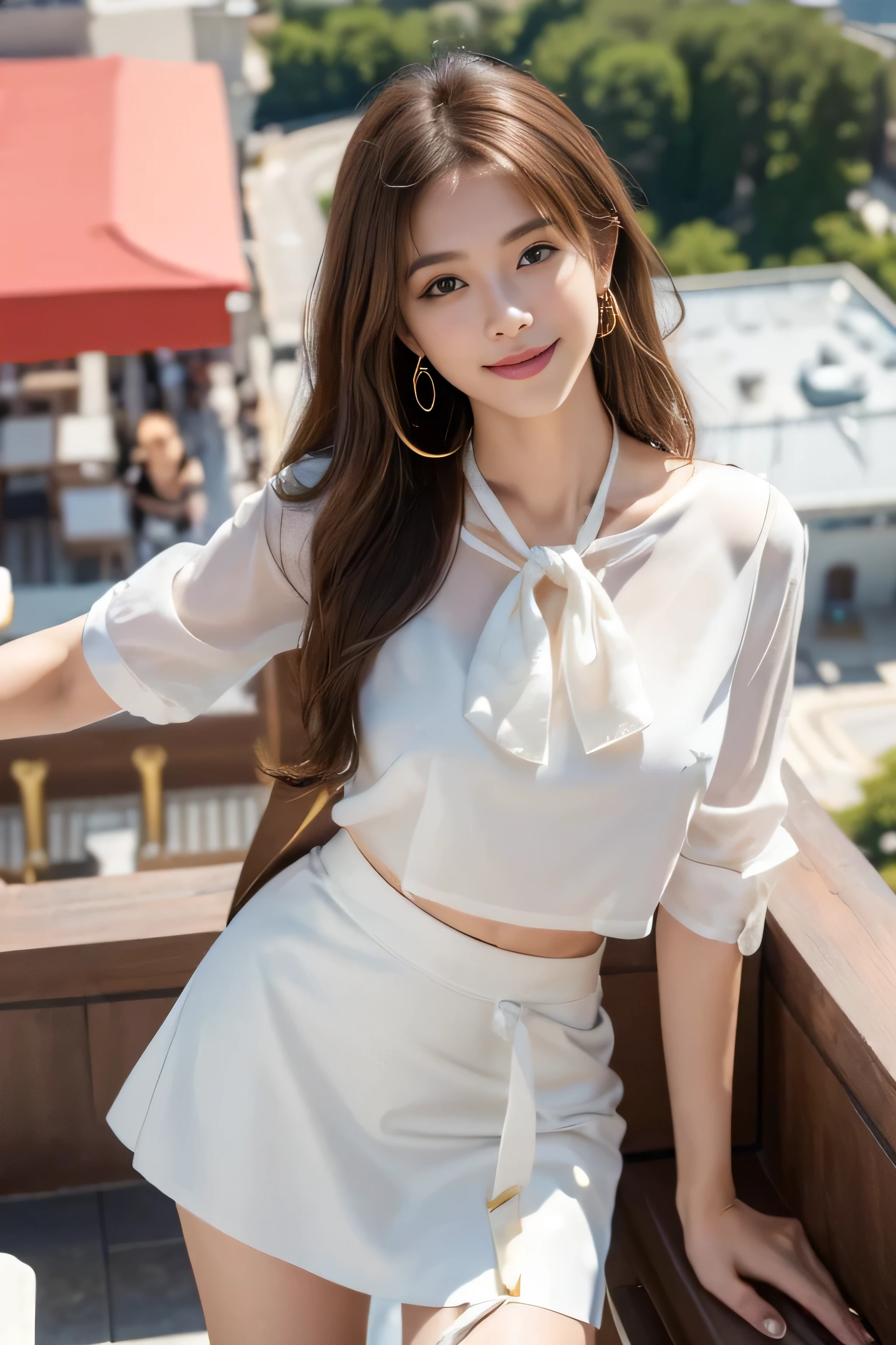 (1 female), beautiful, Great face and eyes, Compensate, (Very detailedbeautiful顔), Captivating smile, (highest quality:1.4), (Very detailed), (Very detailed CG synthesis 8k wallpaper), Very detailed, RAW Photos, Professional photography, (White mini skirt、an elegant blouse with ribbon tie、Put the blouse inside the skirt:1.2), LongSuper long brown hair,Hair with loose waves inside with asymmetrical bangs,reaching down to the waist、gold necklace＿Large earrings、shy smile、 ((On the open terrace of the cafe, blurred background:1.3)),((From an oblique angle above:1.5)),