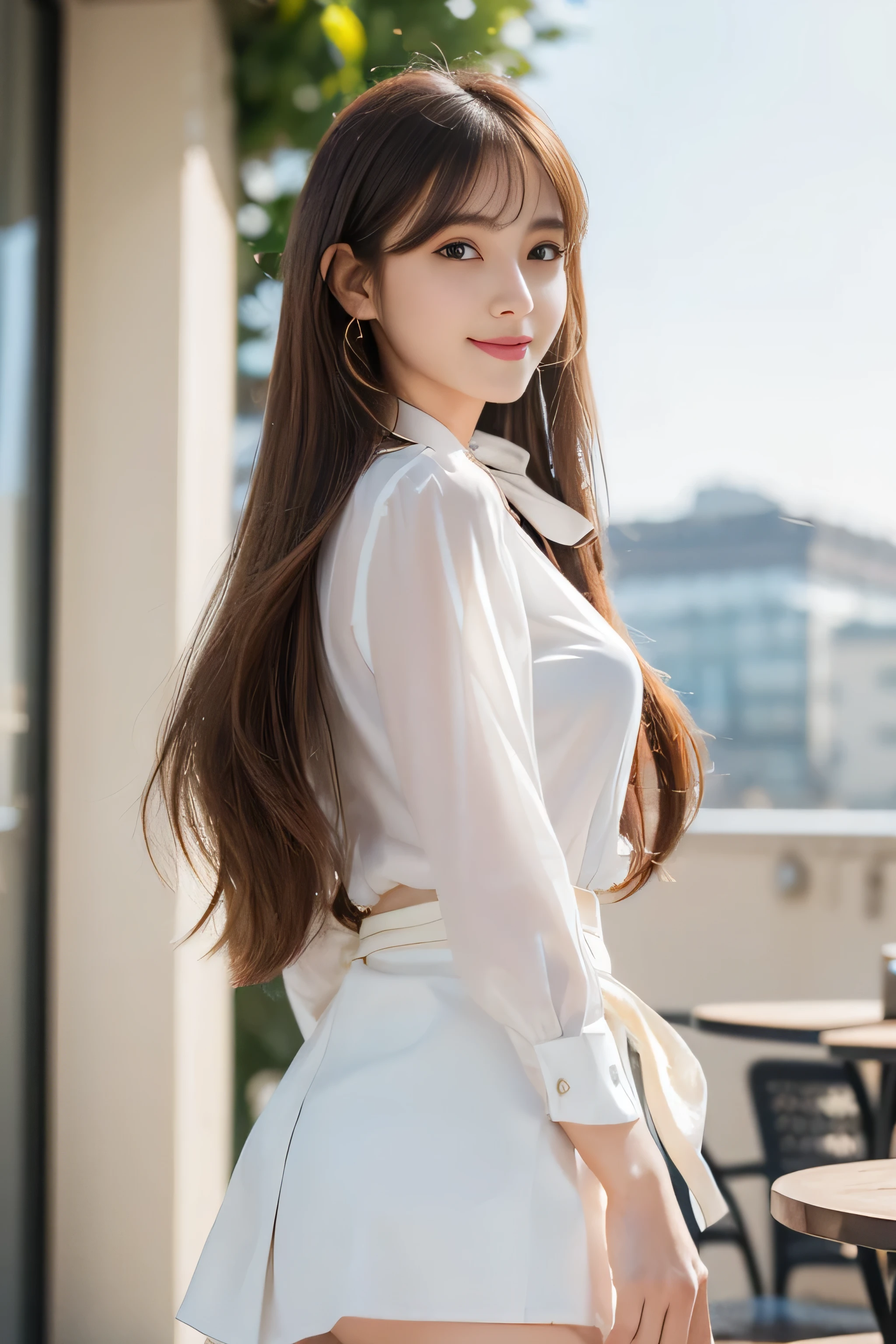 (1 female), beautiful, Great face and eyes, Compensate, (Very detailedbeautiful顔), Captivating smile, (highest quality:1.4), (Very detailed), (Very detailed CG synthesis 8k wallpaper), Very detailed, RAW Photos, Professional photography, (White mini skirt、an elegant blouse with ribbon tie、Put the blouse inside the skirt:1.2), LongSuper long brown hair,Hair with loose waves inside with asymmetrical bangs,reaching down to the waist、gold necklace_Large earrings、shy smile、 ((On the open terrace of the cafe, blurred background:1.3)),((look down at the viewer,from below:1.5)),