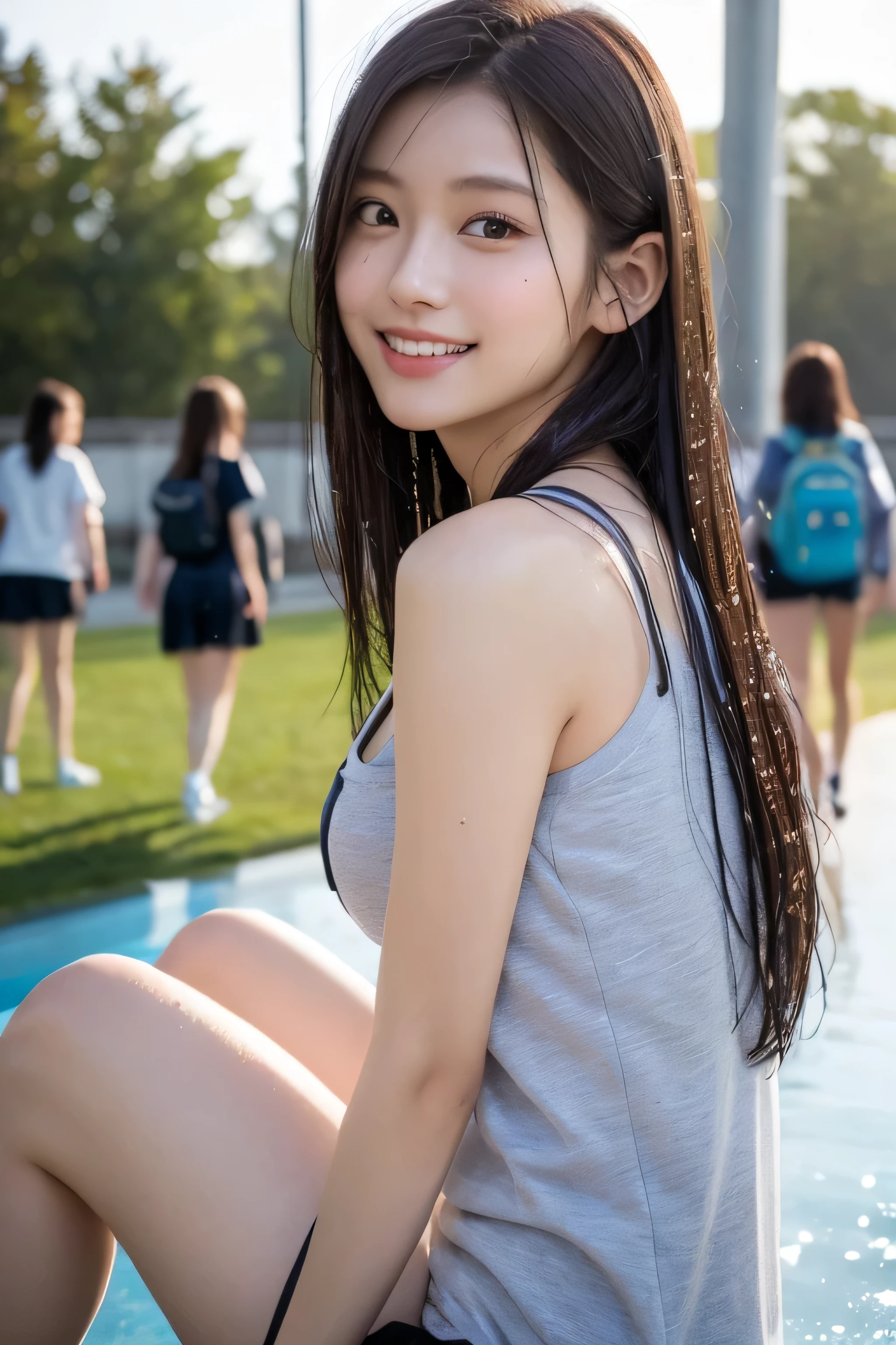 (8k、live-action、Raw photo、highest quality、masterpiece:1.2),(Outdoors),((Perfect lighting)),(Wet hair),Watching the audience,Sexy pose, cute smile,18-year-old,student,White skin,knees,Small Face,Part the front hair from the center、The forehead is visible,skinny,skinny)、masterpiece,highest quality、超A high resolution,one person, solo,Close-up shot、cute、Back to Students,(Sporty clothes:1.3),High school girl,Japanese women,(Photoreal:1.37)、Photon Mapping,Realistic、cuteSmall Face,Brown eyes、prospect、Depth of written boundary、Blurred Background、Real,(I can see the front hair), hair, I can see the knees, thigh,(Nogizaka Idol), actress、Big and ample breasts、Cleavage、Super fine、Low people、(Skin with visible pores:1.2)、(Focus on the face)、8 heads、Natural neck、Check and correct the skeleton