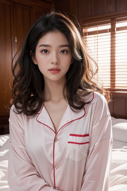 highest quality、4K、Perfect Face、Perfect Style、Sunburn、beautiful、cotton pajamas、Mature、soft curly layer hair、Swept-back hair、full body, in bedroom、no make up、waking up、she looks sleepy